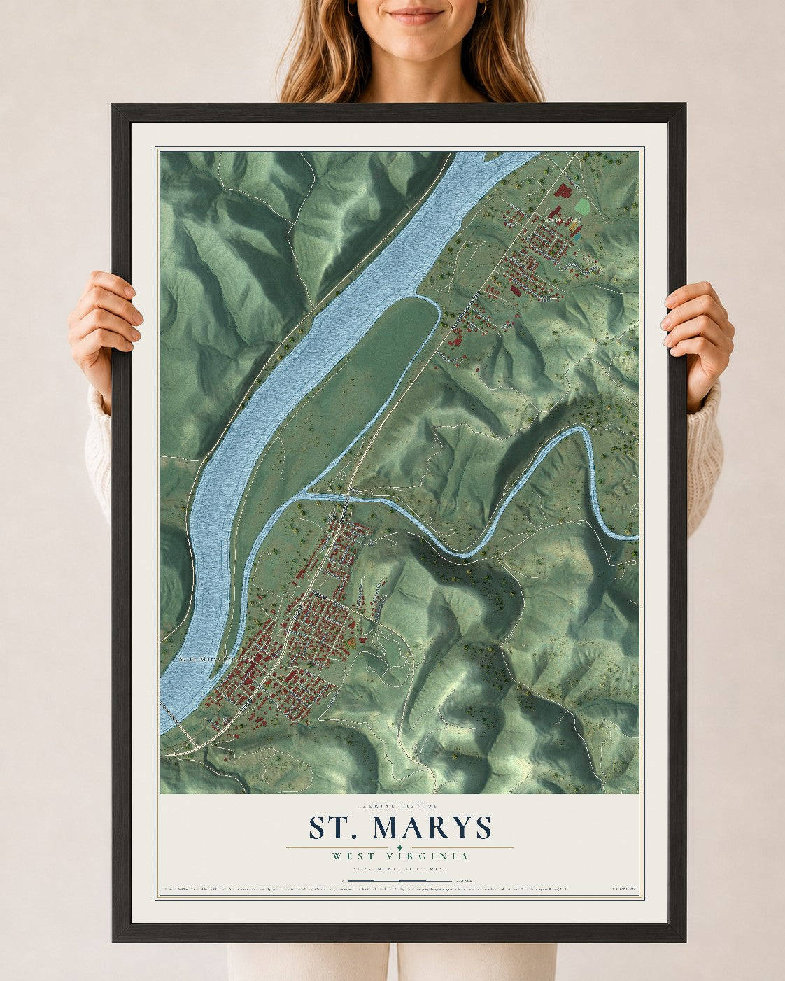 Map of St. Marys, West Virginia, 24 x 36 inch print in a black wood frame