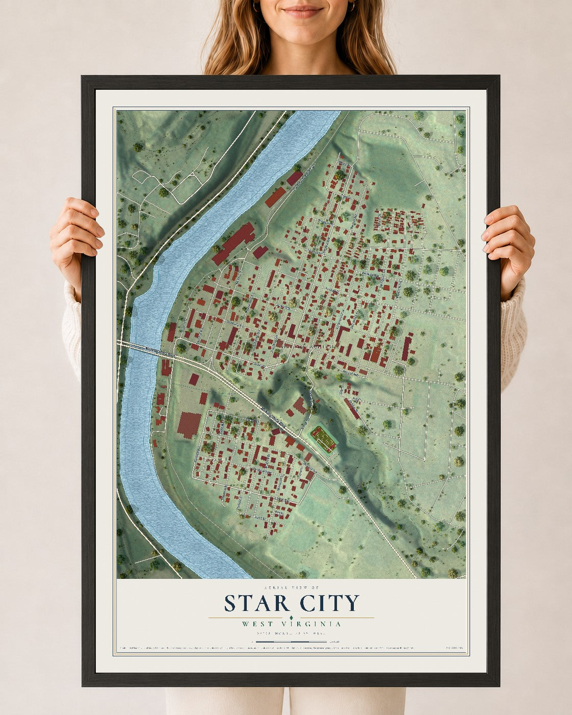Map of Star City, West Virginia, 24 x 36 inch print in a black wood frame