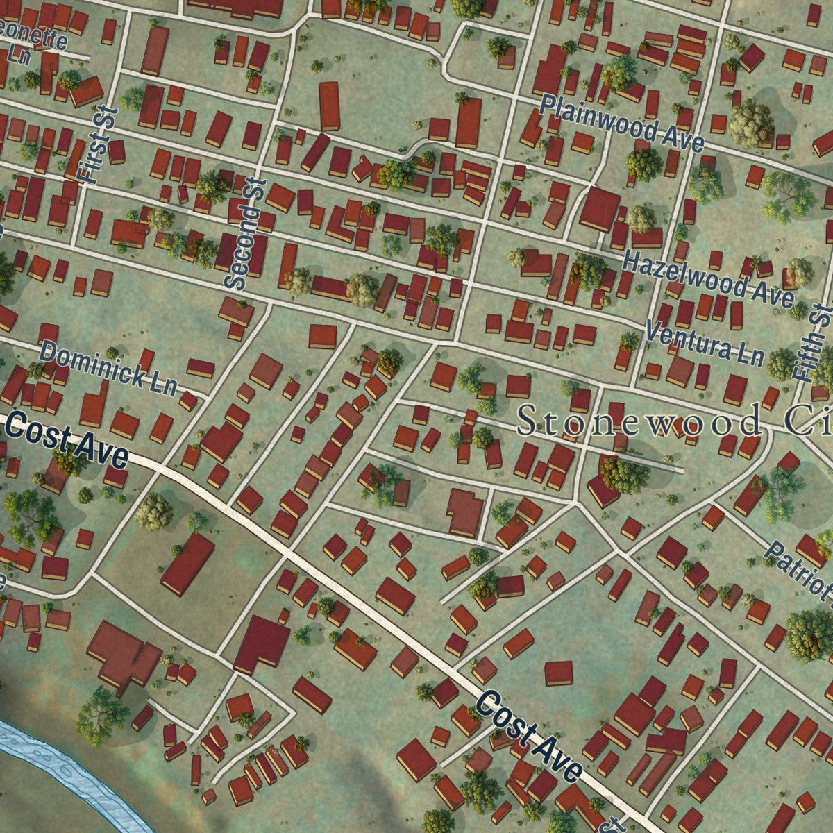 Close-up of the map of Stonewood, West Virginia print showing street and building detail