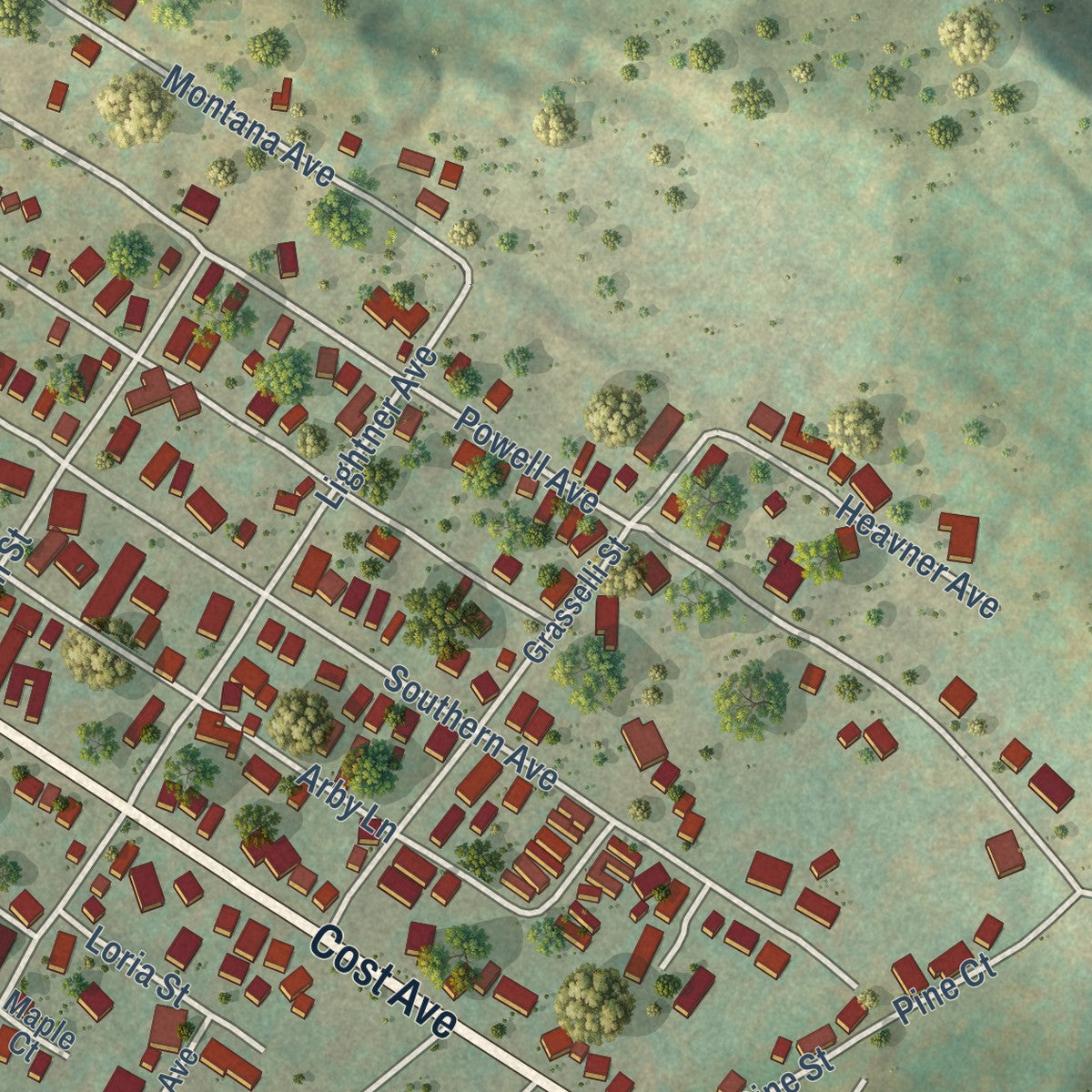 Second close-up of the map of Stonewood, West Virginia print showing more streets and buildings