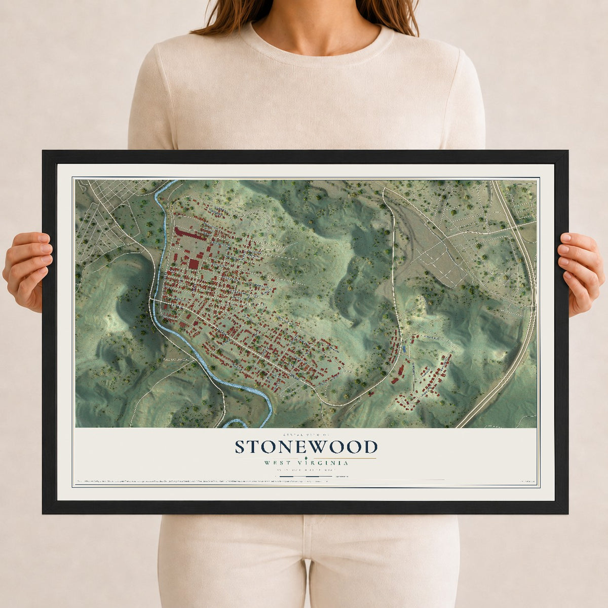 Map of Stonewood, West Virginia, 12 x 18 inch print in a black wood frame