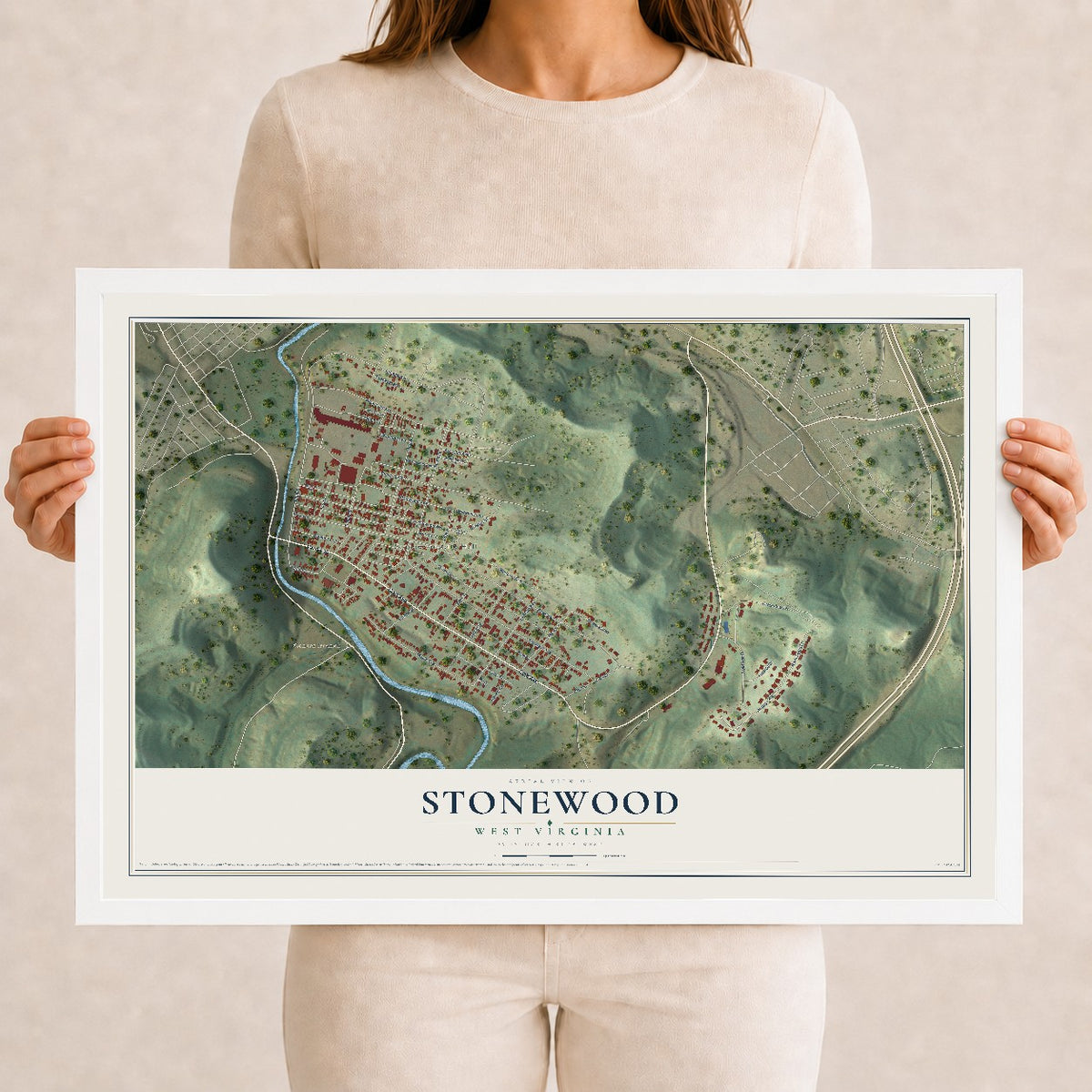 Map of Stonewood, West Virginia, 12 x 18 inch print in a white wood frame