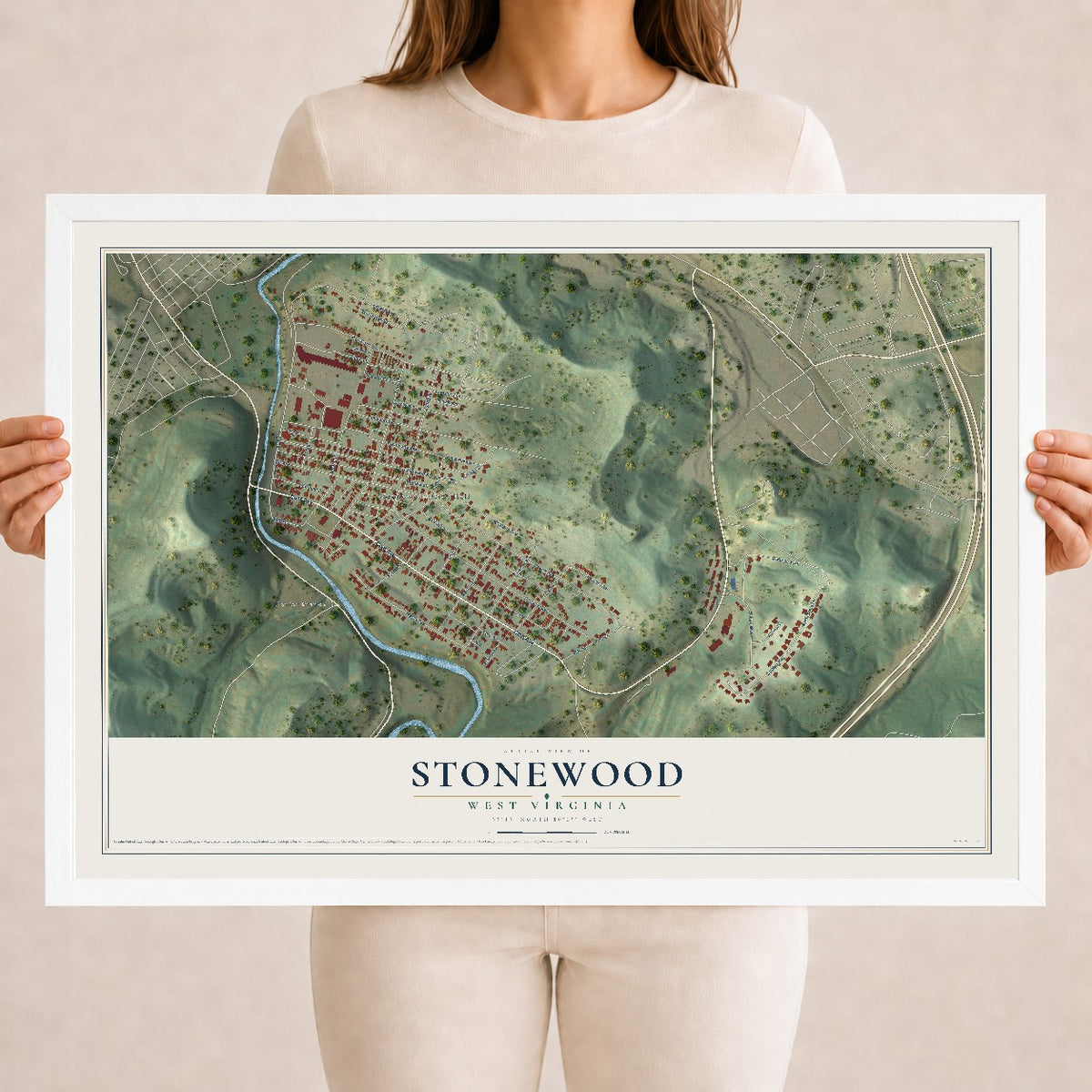 Map of Stonewood, West Virginia, 18 x 24 inch print in a white wood frame