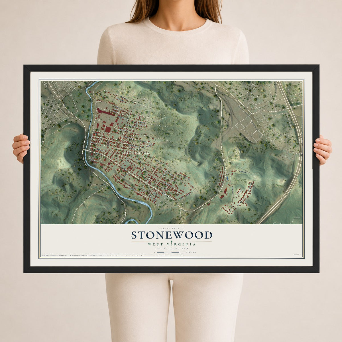Map of Stonewood, West Virginia, 24 x 36 inch print in a black wood frame