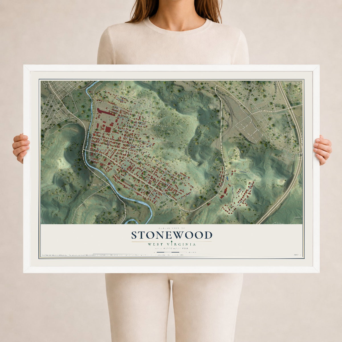 Map of Stonewood, West Virginia, 24 x 36 inch print in a white wood frame
