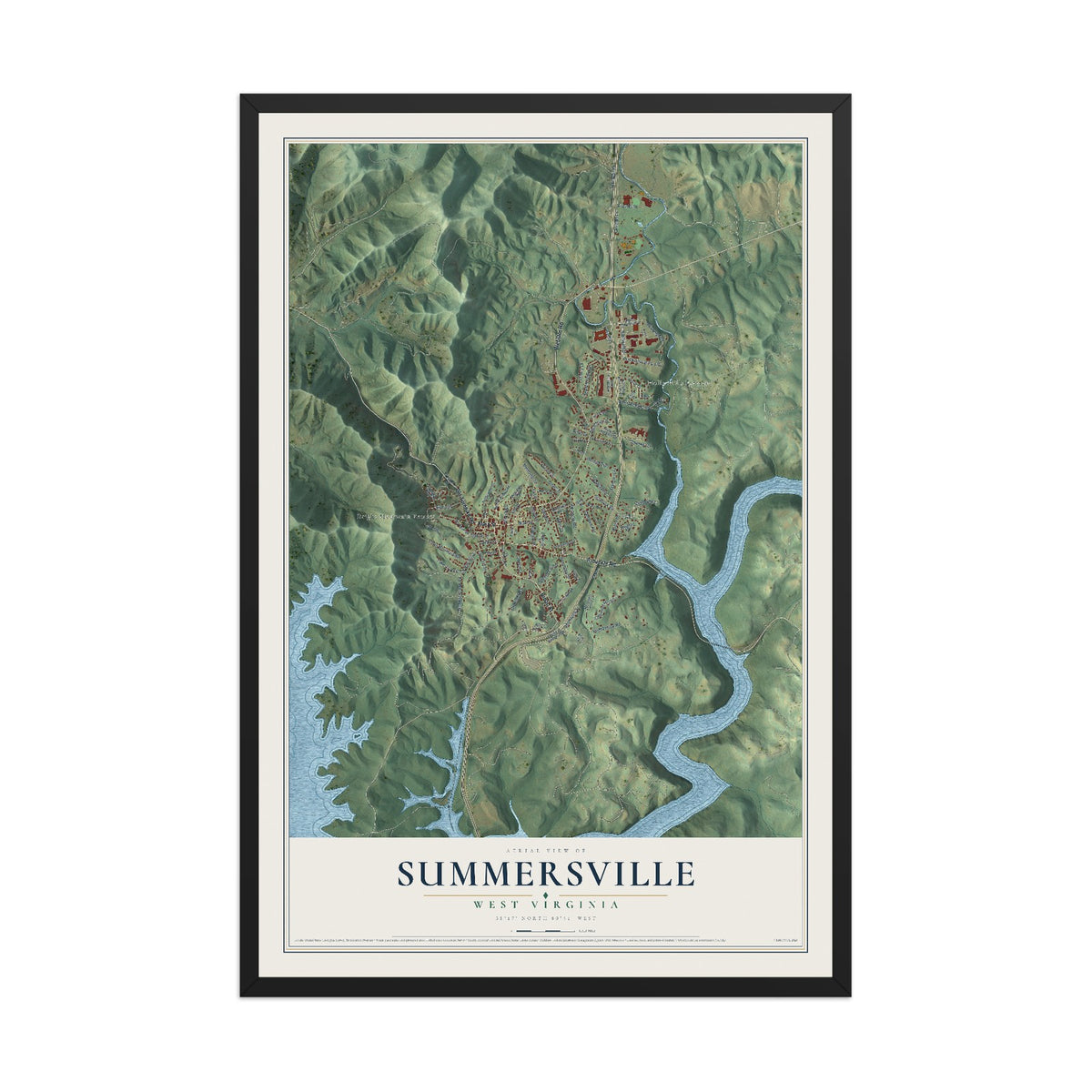 Map of Summersville, West Virginia, 12 x 18 inch print in a black wood frame
