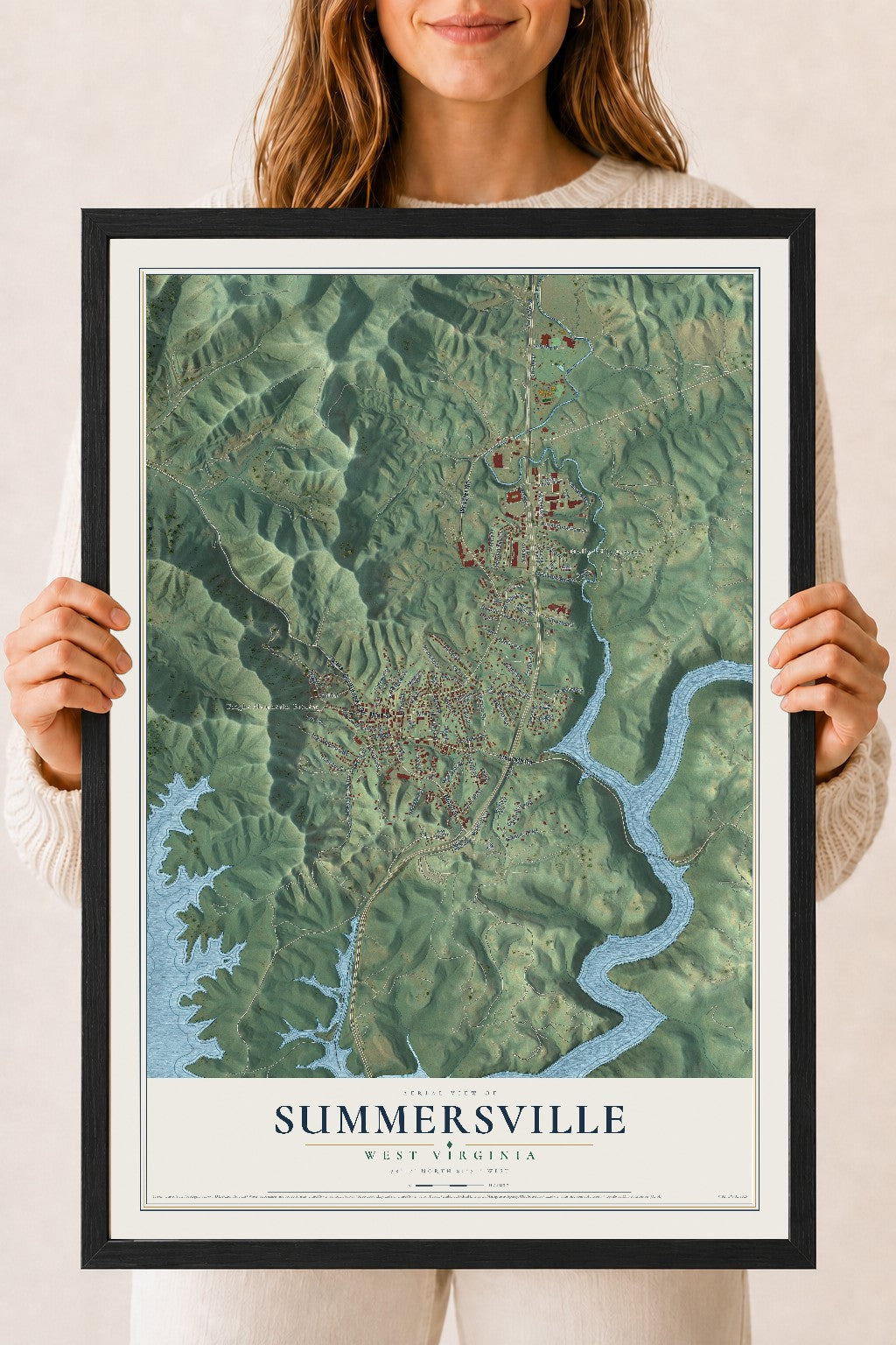 Map of Summersville, West Virginia, 18 x 24 inch print in a black wood frame