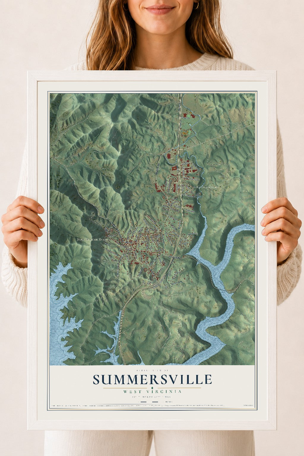 Map of Summersville, West Virginia, 18 x 24 inch print in a white wood frame