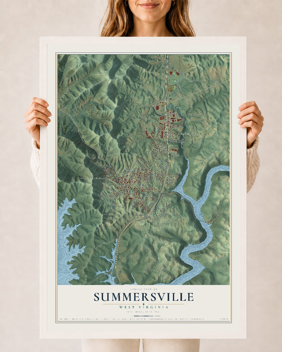 Map of Summersville, West Virginia, 24 x 36 inch print in a white wood frame