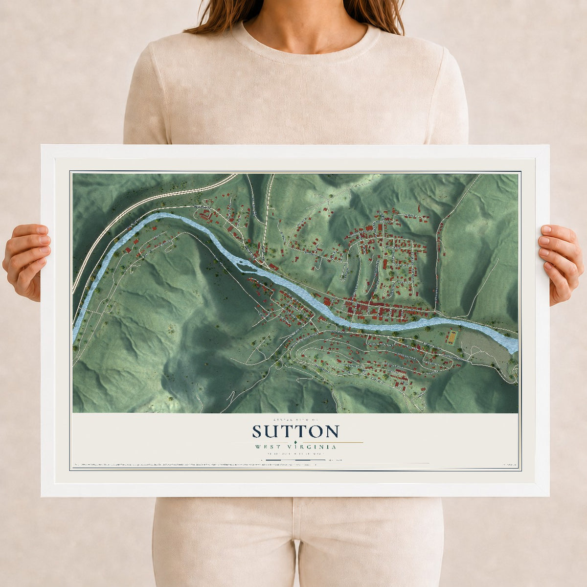 Map of Sutton, West Virginia, 12 x 18 inch print in a white wood frame