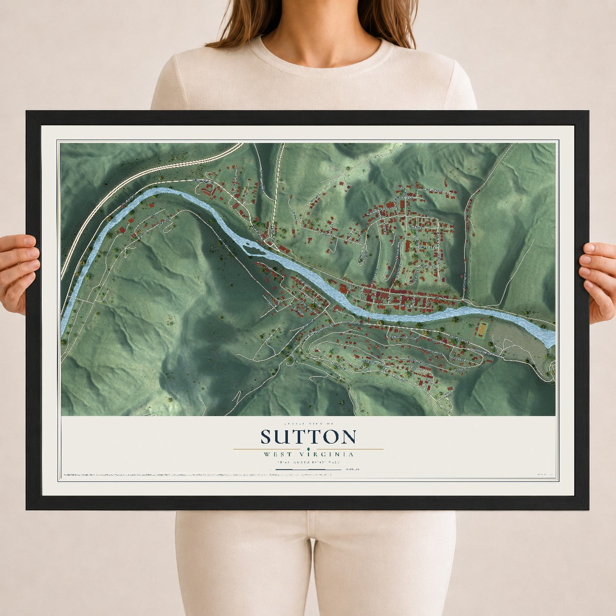 Map of Sutton, West Virginia, 18 x 24 inch print in a black wood frame