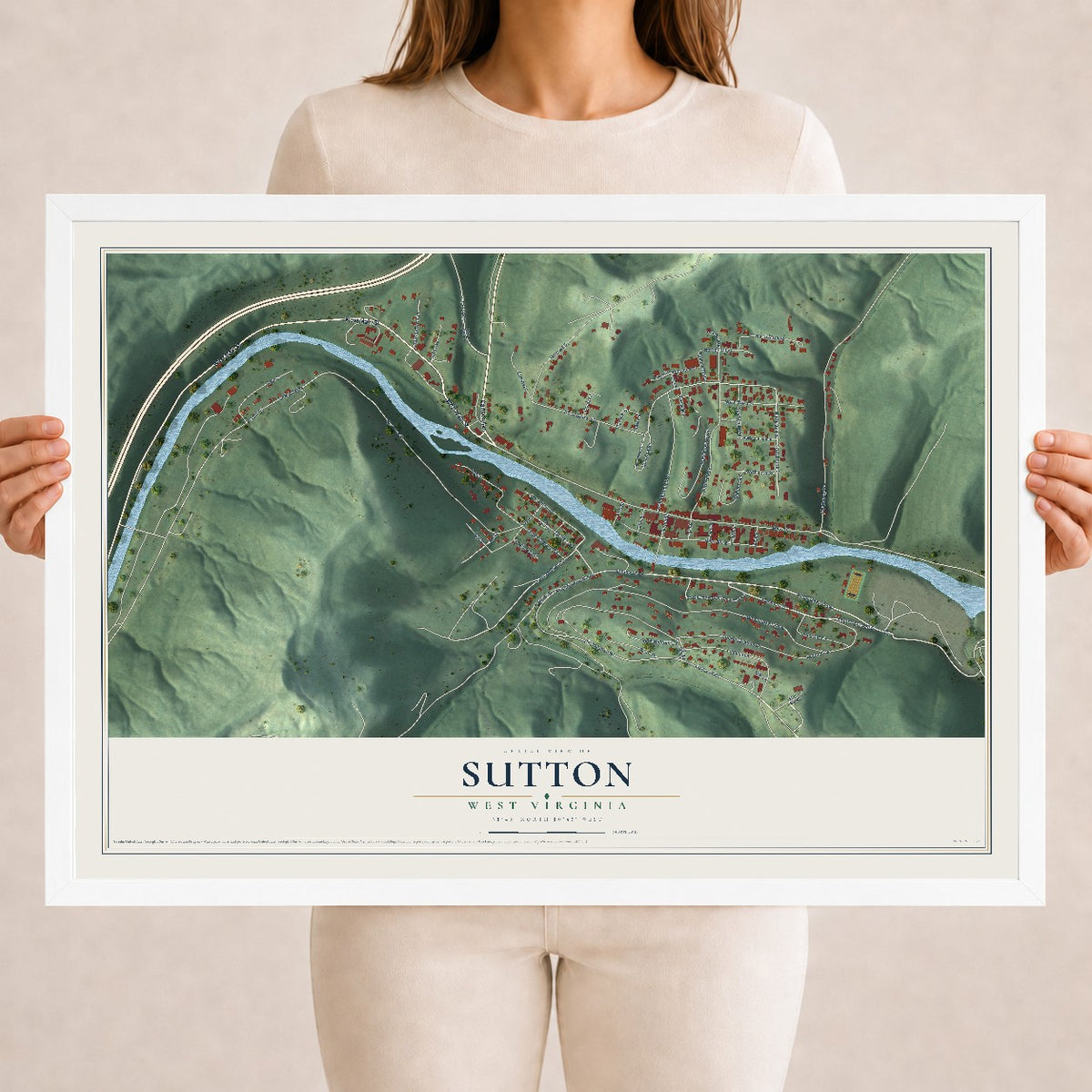 Map of Sutton, West Virginia, 18 x 24 inch print in a white wood frame
