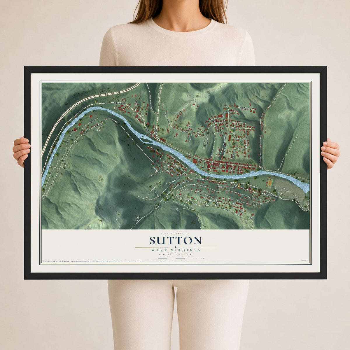 Map of Sutton, West Virginia, 24 x 36 inch print in a black wood frame