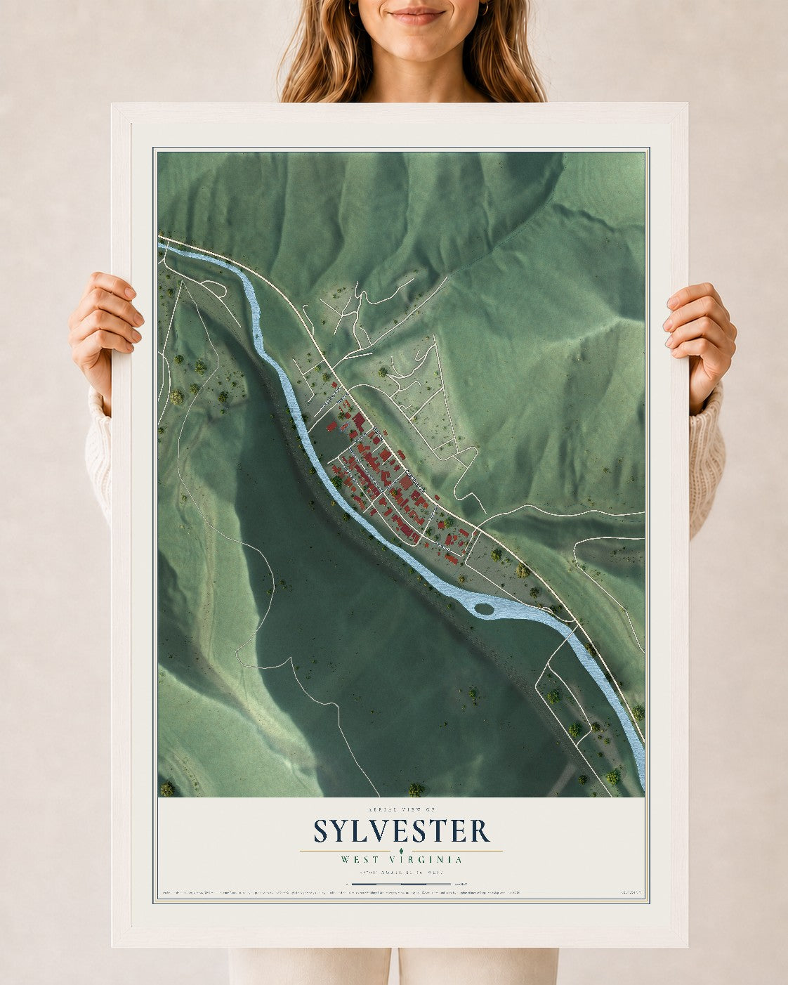 Map of Sylvester, West Virginia, 24 x 36 inch print in a white wood frame