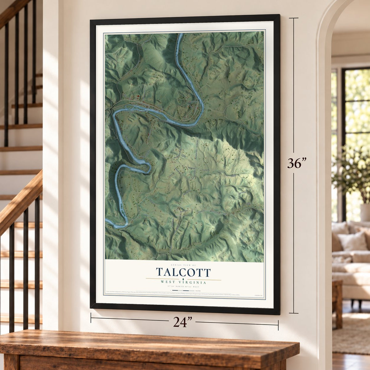 Talcott, West Virginia map, 24 x 36 inch print in a black frame by a staircase