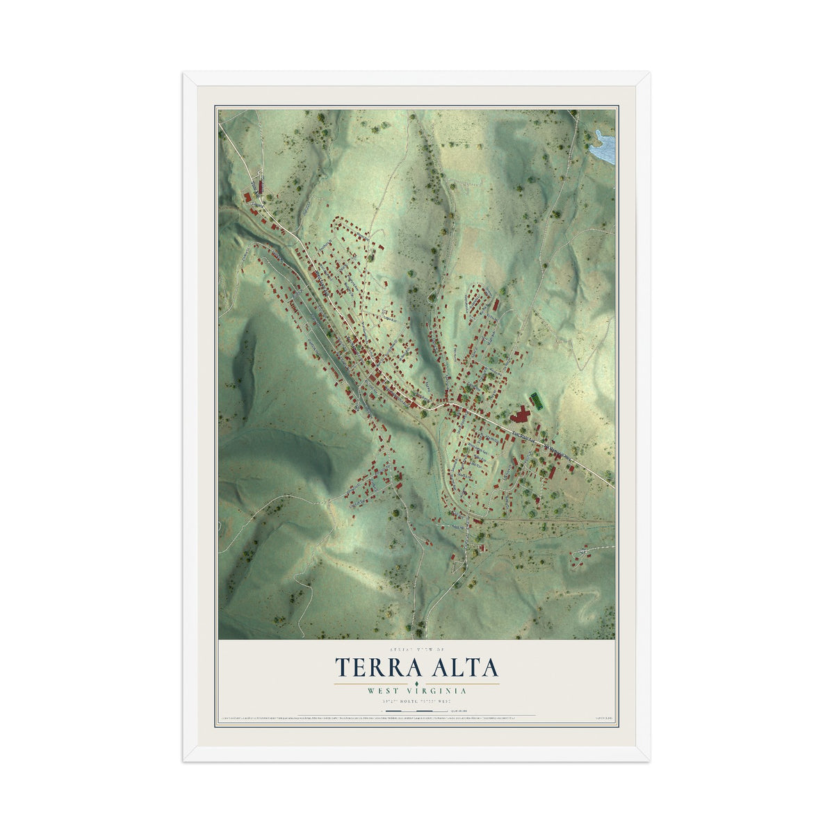 Map of Terra Alta, West Virginia, 12 x 18 inch print in a white wood frame