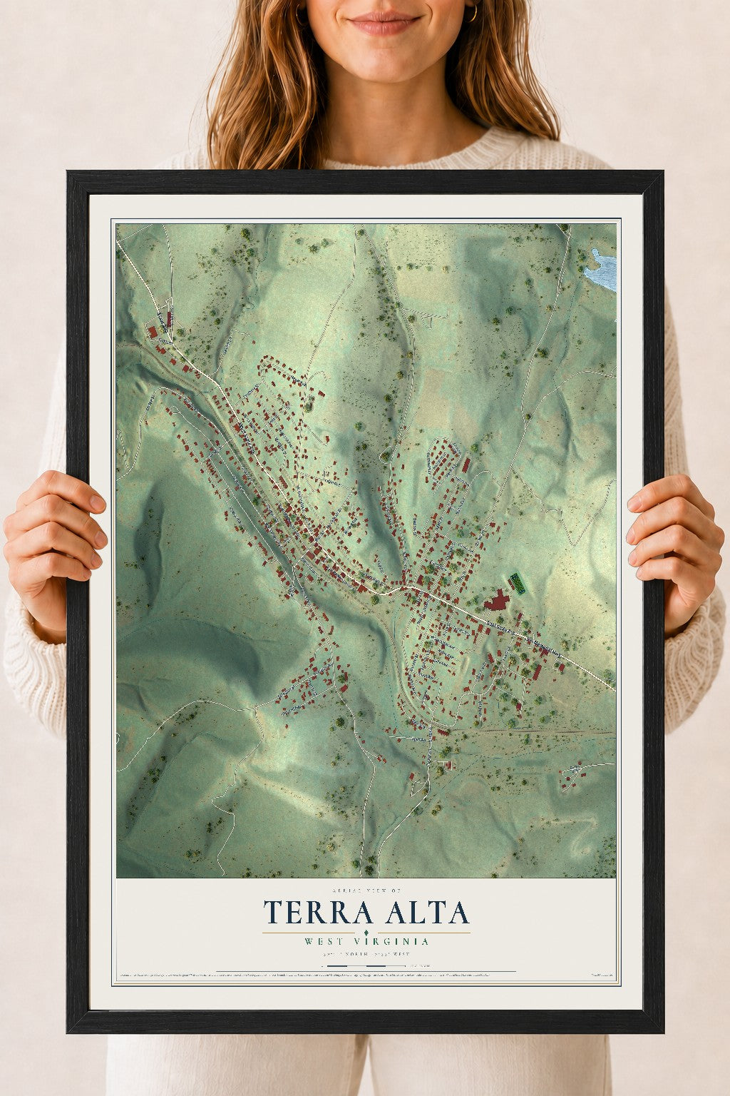Map of Terra Alta, West Virginia, 18 x 24 inch print in a black wood frame