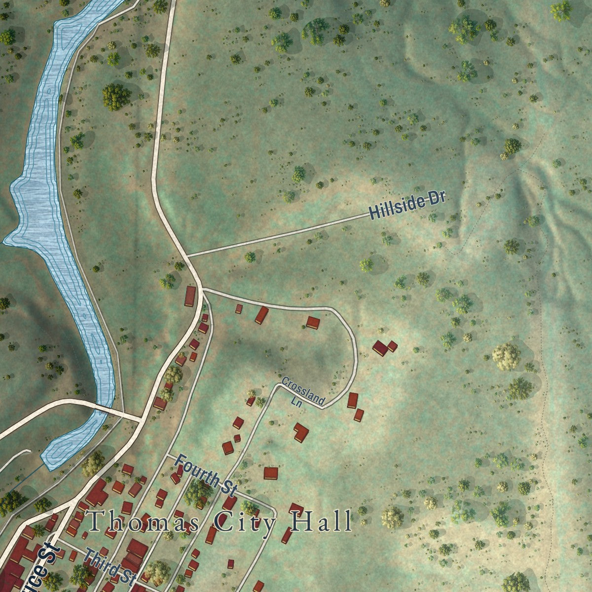 Second close-up of the map of Thomas, West Virginia print showing more streets and buildings