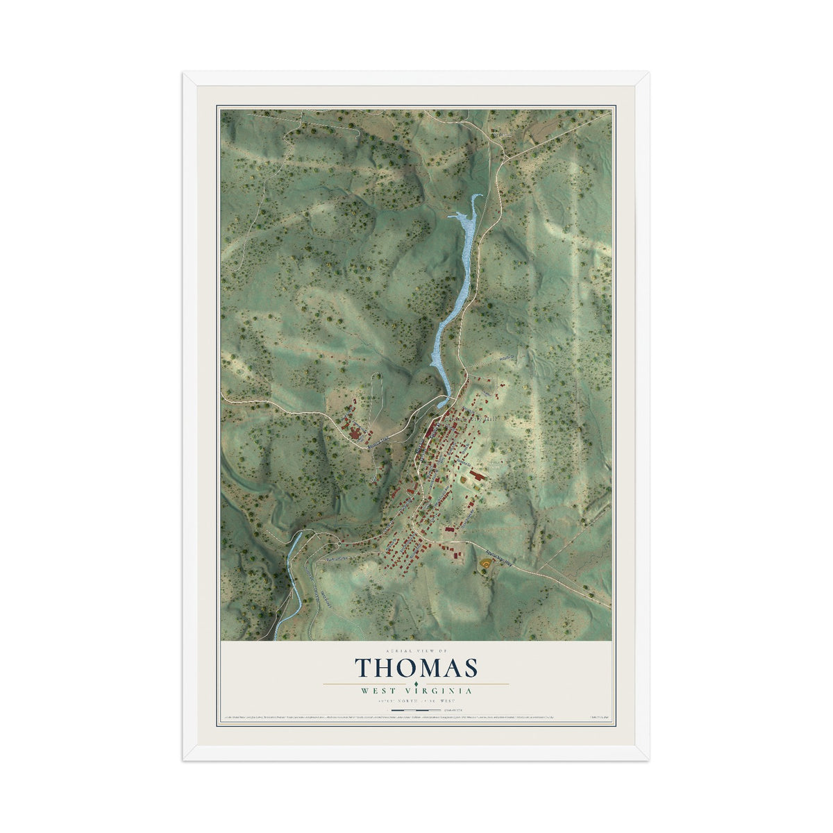 Map of Thomas, West Virginia, 12 x 18 inch print in a white wood frame