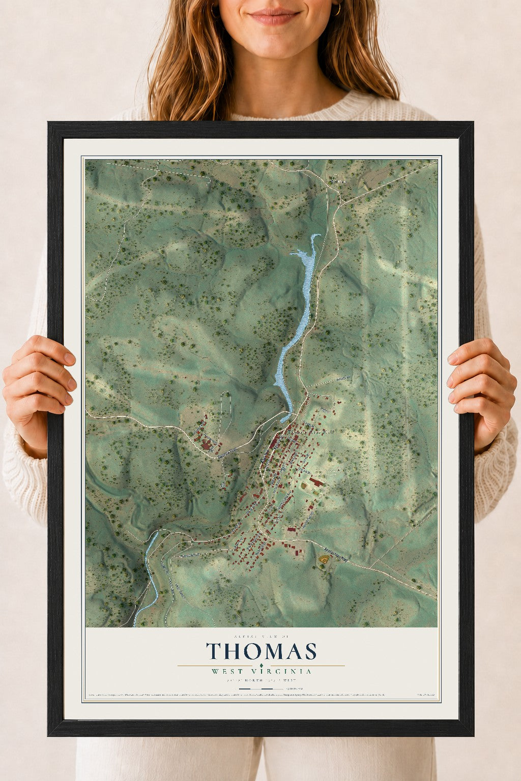 Map of Thomas, West Virginia, 18 x 24 inch print in a black wood frame