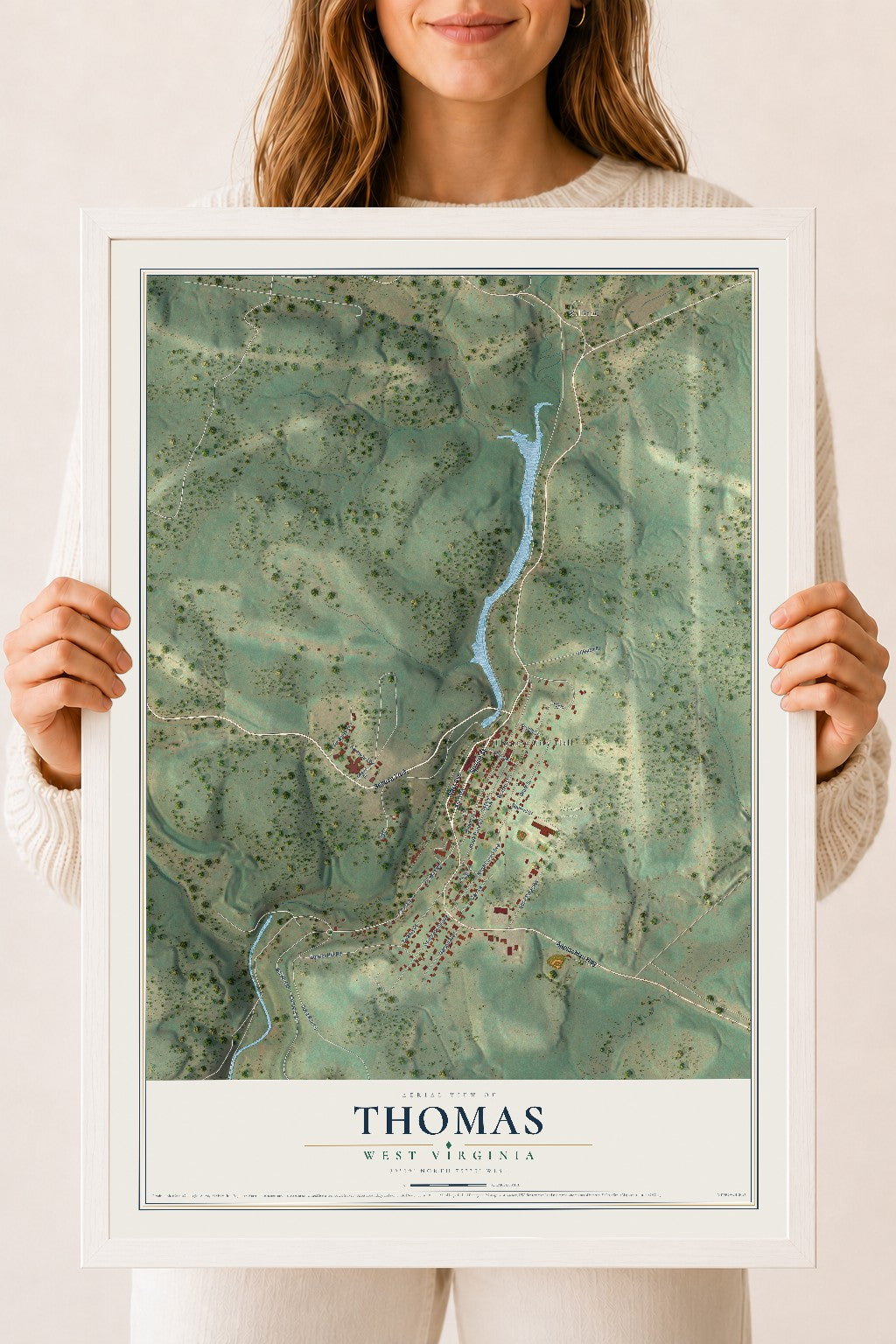 Map of Thomas, West Virginia, 18 x 24 inch print in a white wood frame