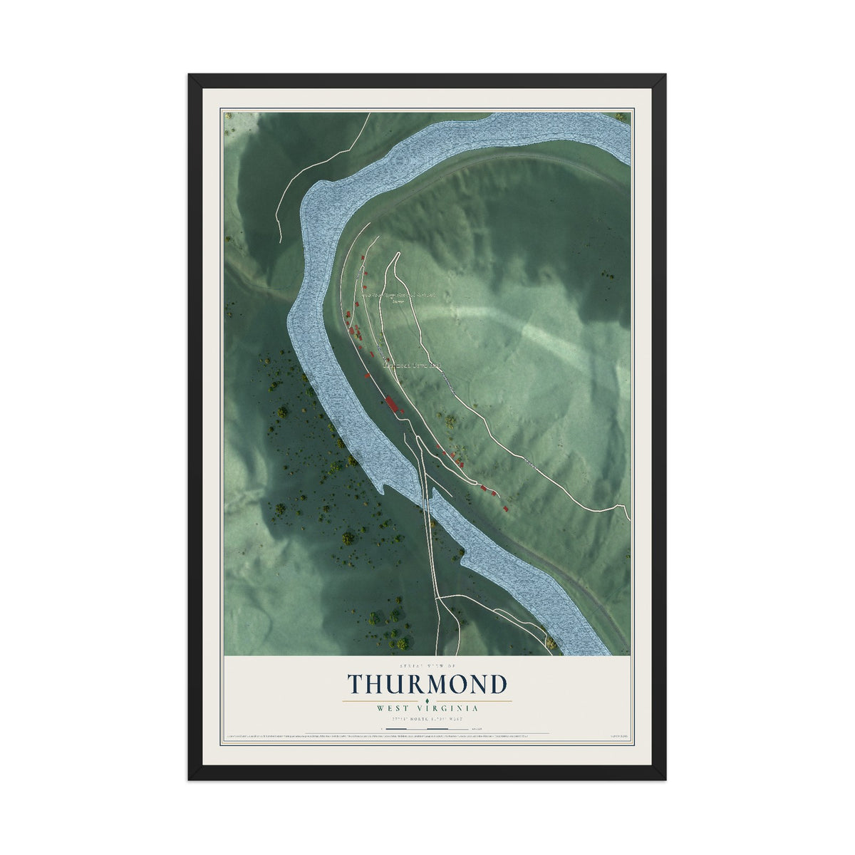 Map of Thurmond, West Virginia, 12 x 18 inch print in a black wood frame
