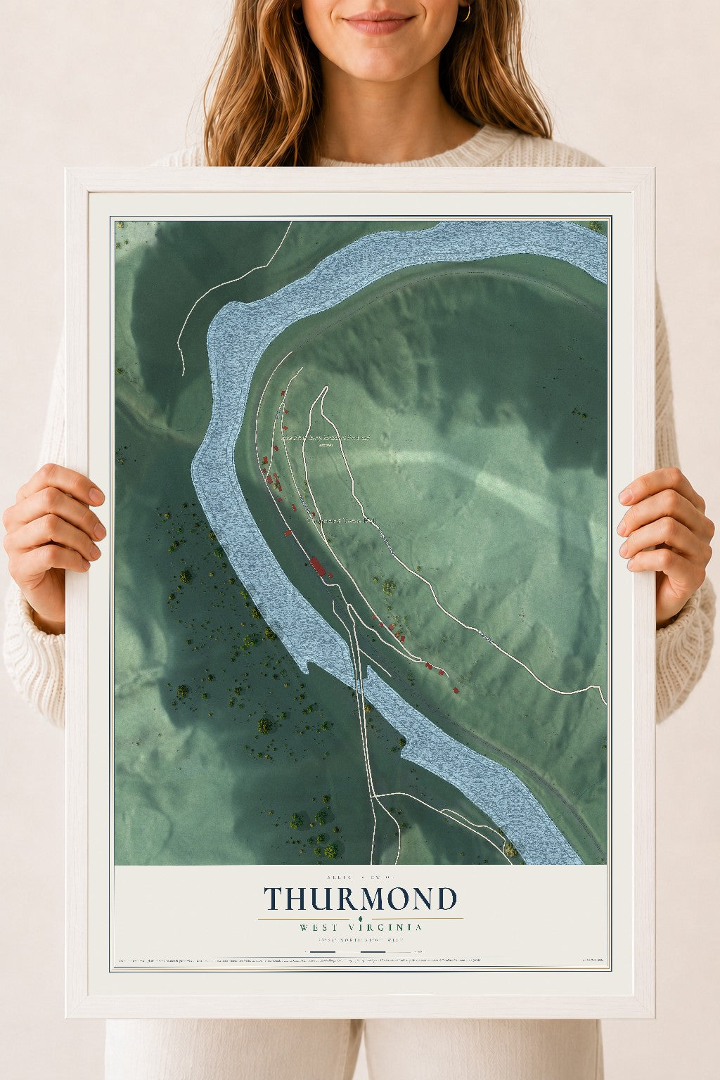 Map of Thurmond, West Virginia, 18 x 24 inch print in a white wood frame