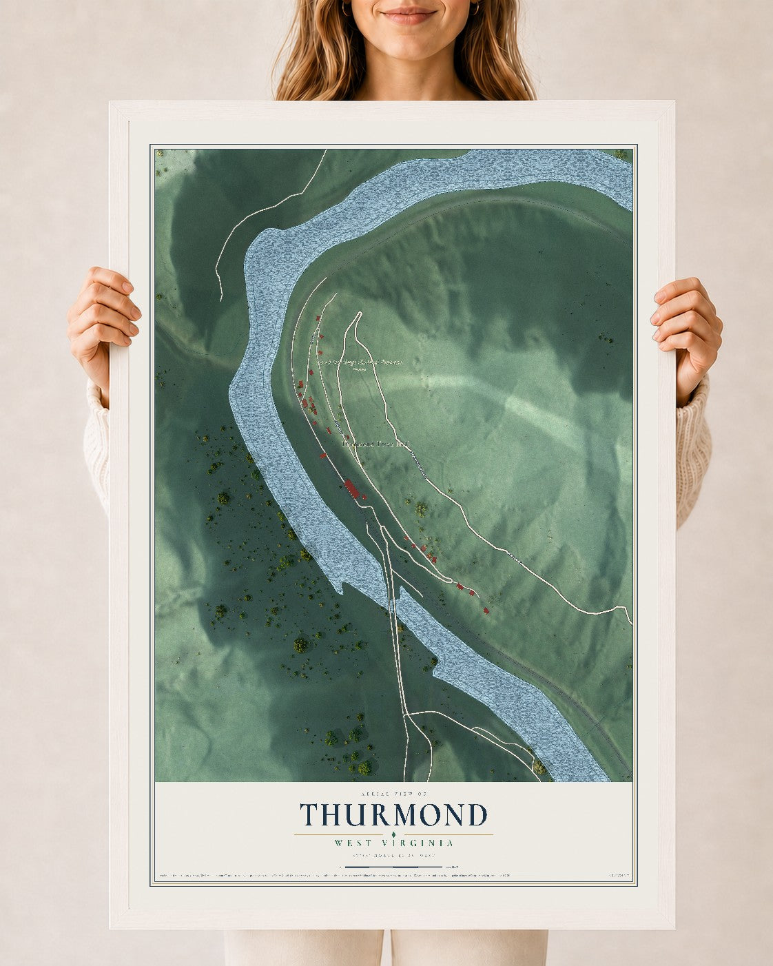 Map of Thurmond, West Virginia, 24 x 36 inch print in a white wood frame