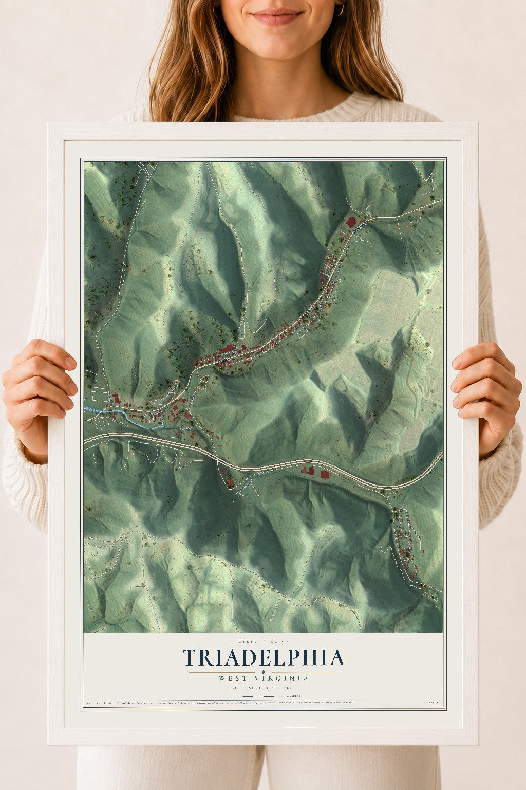 Map of Triadelphia, West Virginia, 18 x 24 inch print in a white wood frame