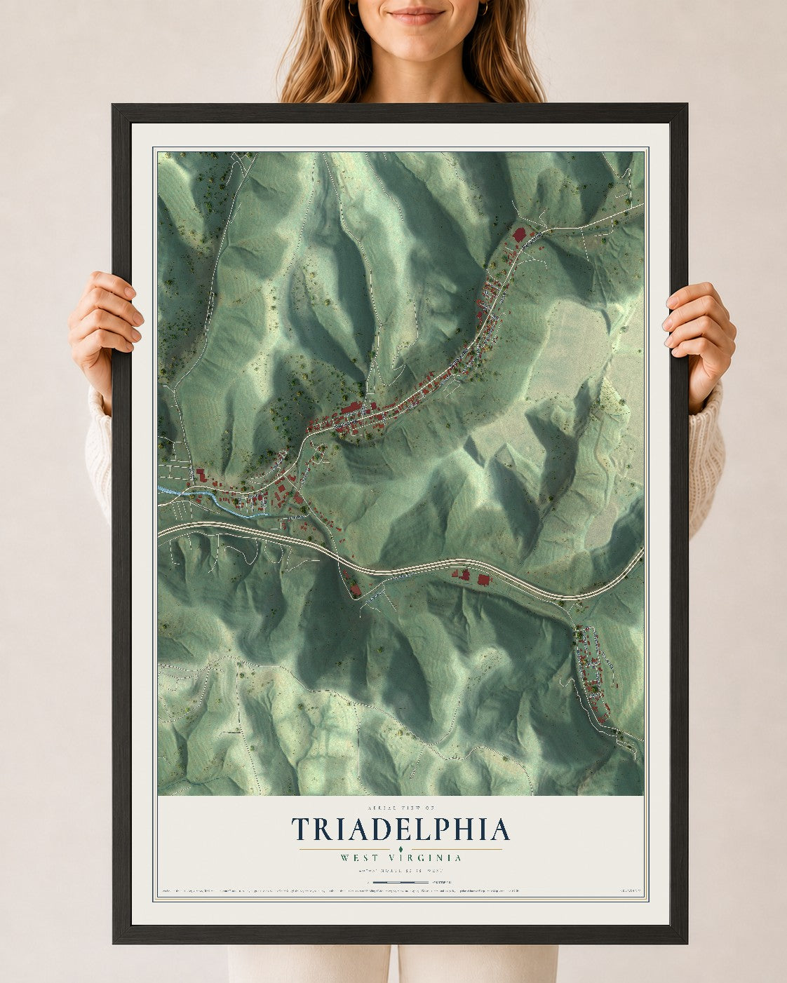 Map of Triadelphia, West Virginia, 24 x 36 inch print in a black wood frame