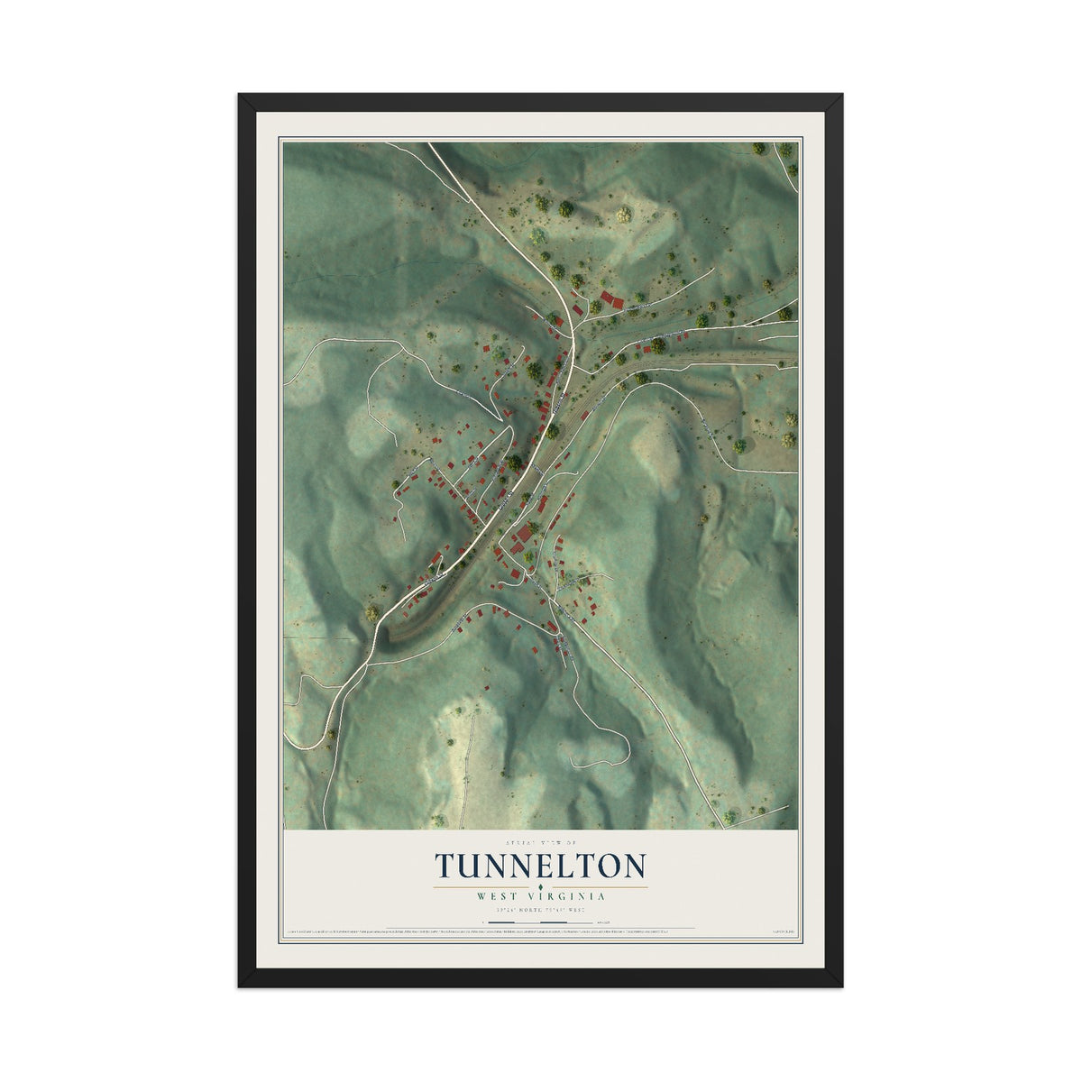 Map of Tunnelton, West Virginia, 12 x 18 inch print in a black wood frame
