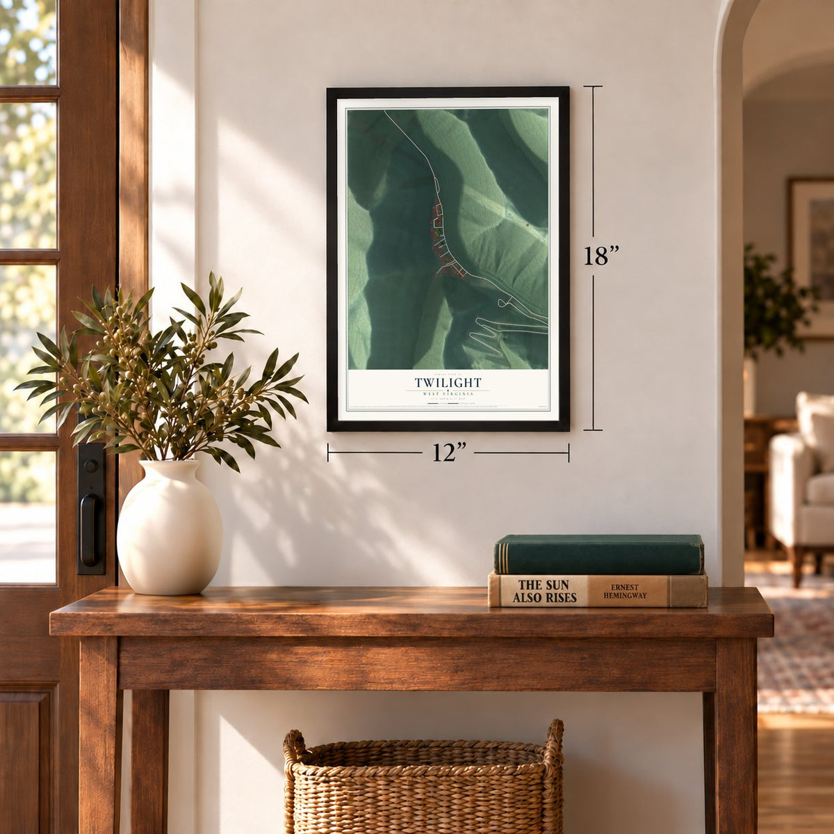 Twilight, West Virginia map, 12 x 18 inch print in a black frame in an entryway