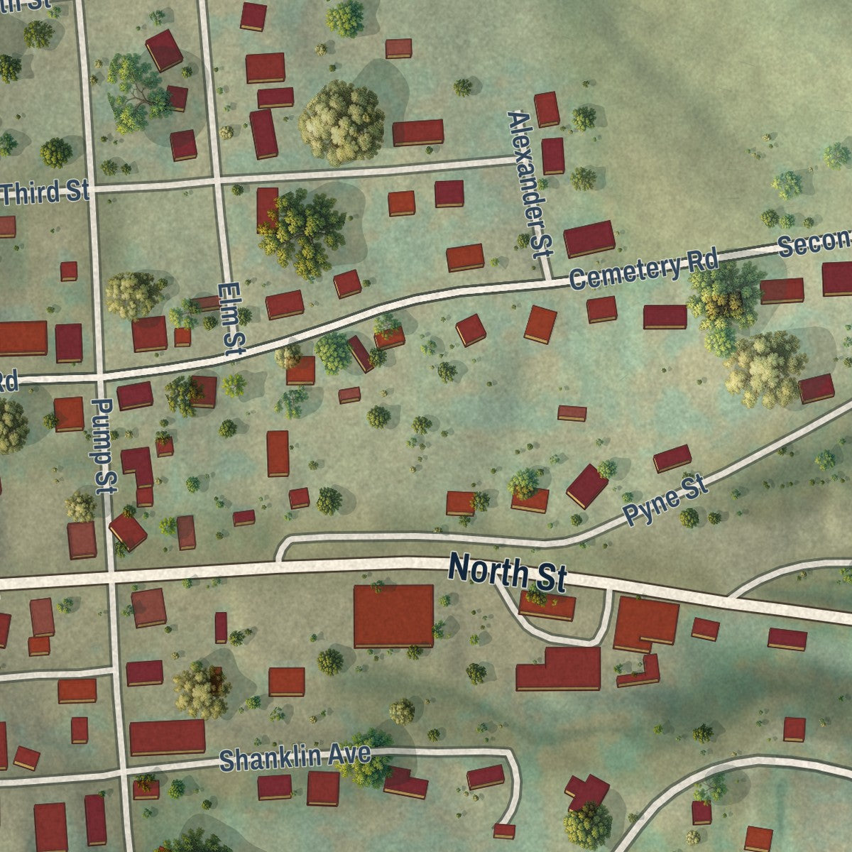 Close-up of the map of Union, West Virginia print showing street and building detail