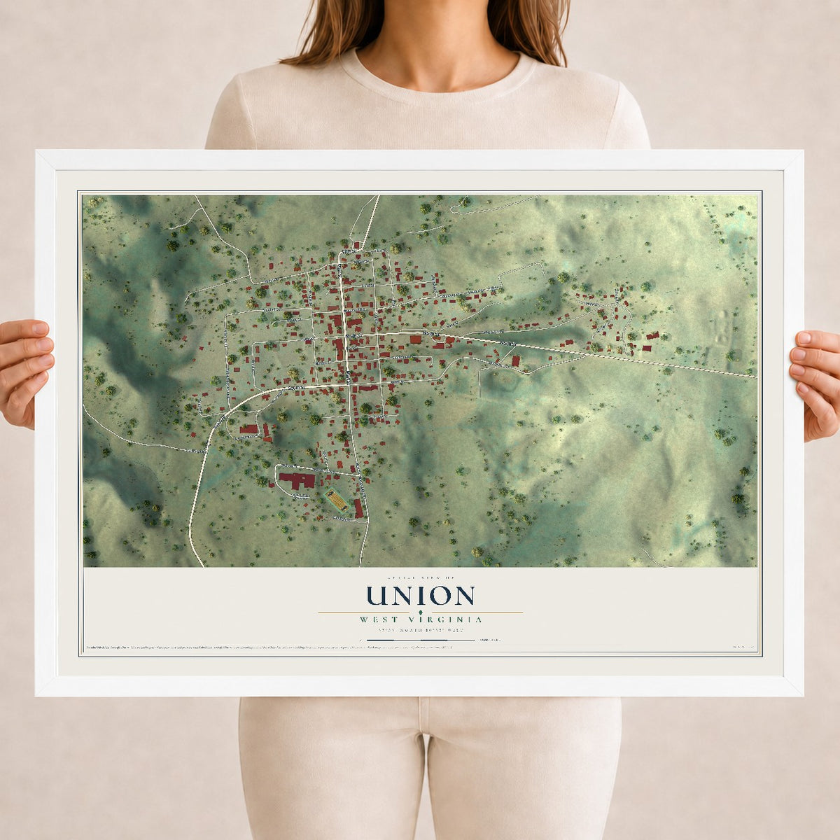 Map of Union, West Virginia, 18 x 24 inch print in a white wood frame