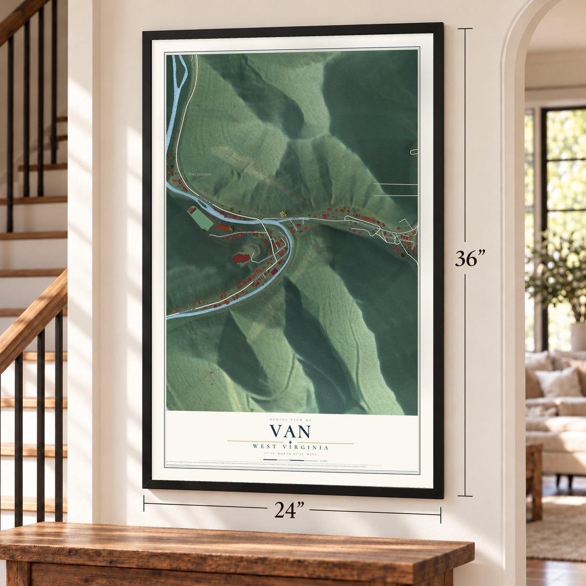 Van, West Virginia map, 24 x 36 inch print in a black frame by a staircase