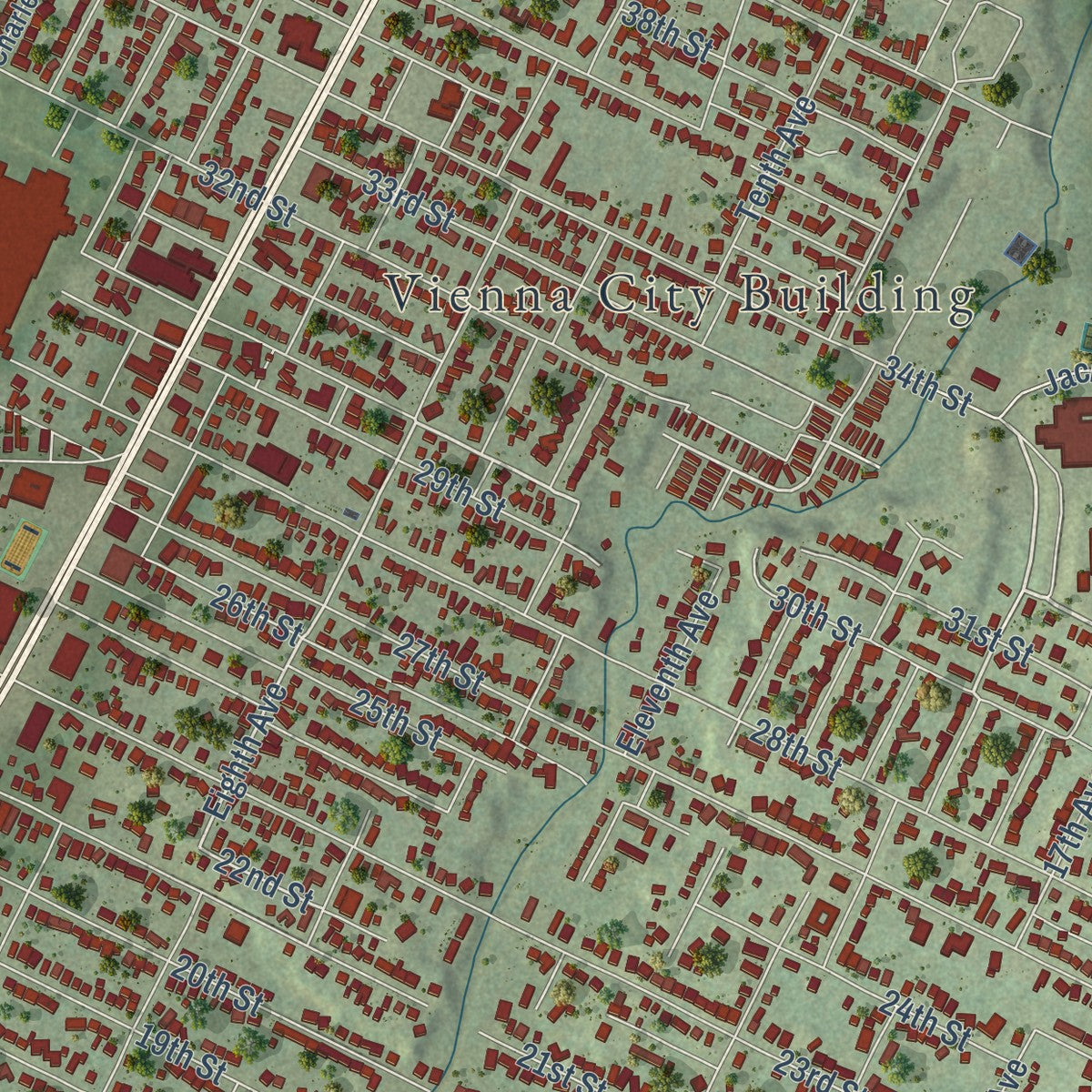 Close-up of the map of Vienna, West Virginia print showing street and building detail