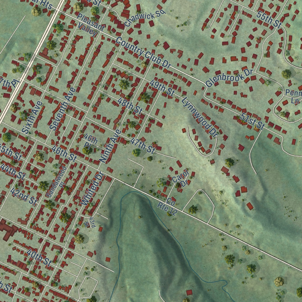 Second close-up of the map of Vienna, West Virginia print showing more streets and buildings