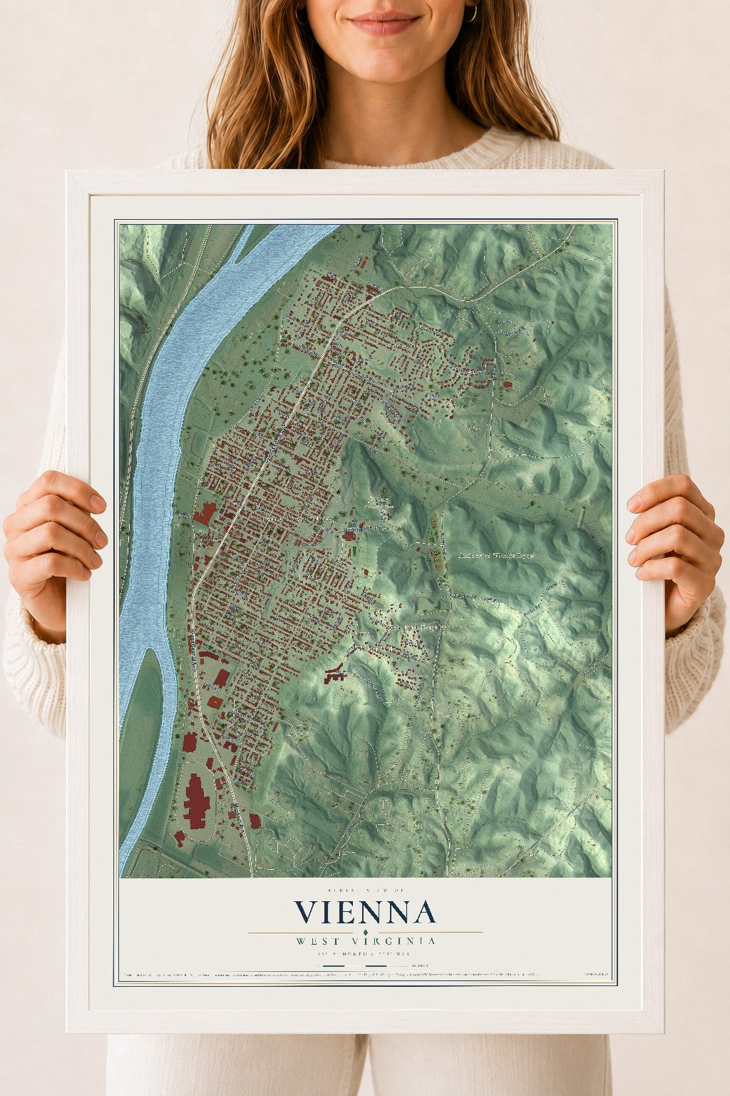 Map of Vienna, West Virginia, 18 x 24 inch print in a white wood frame