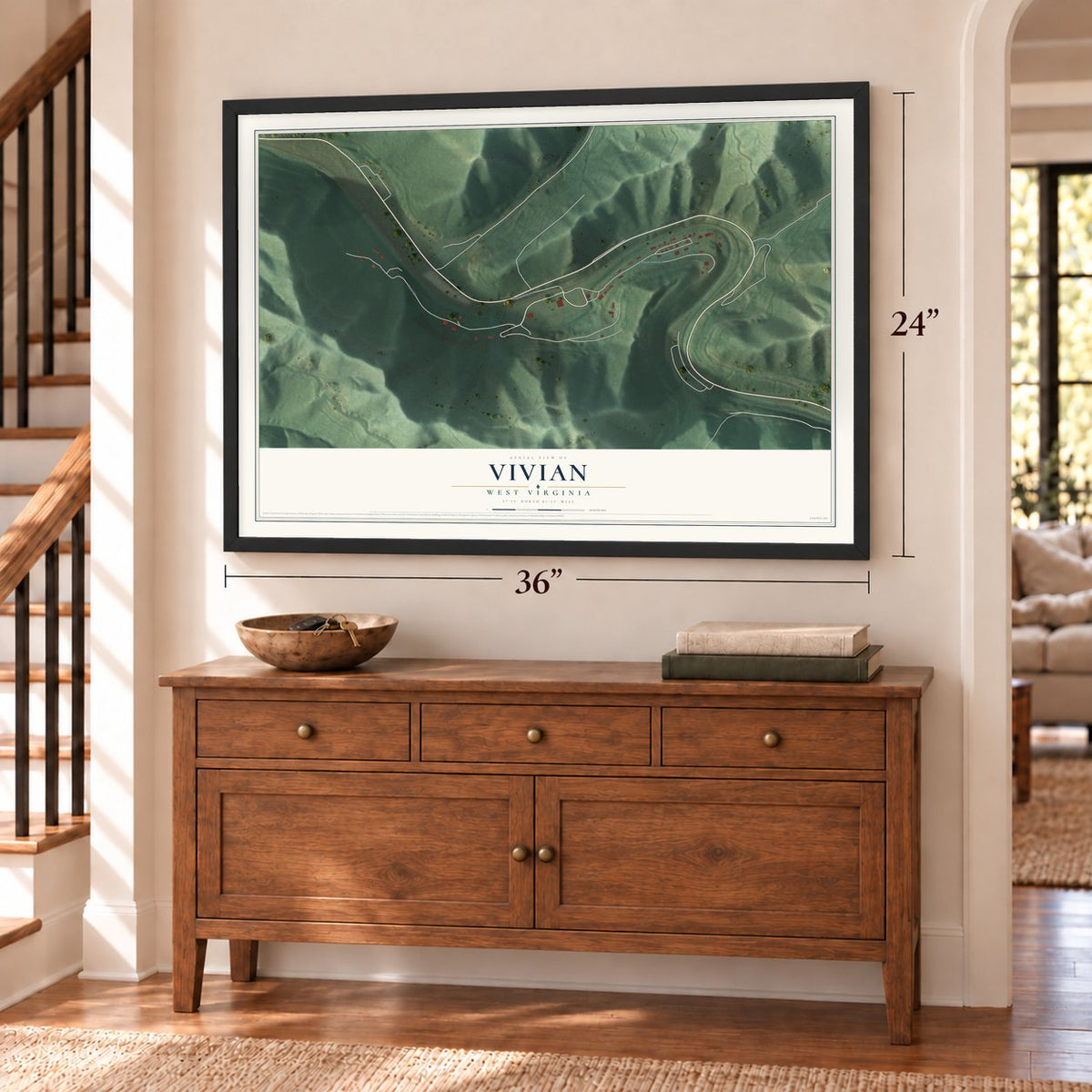 Vivian, West Virginia map, 24 x 36 inch print in a black frame above a dresser by a staircase