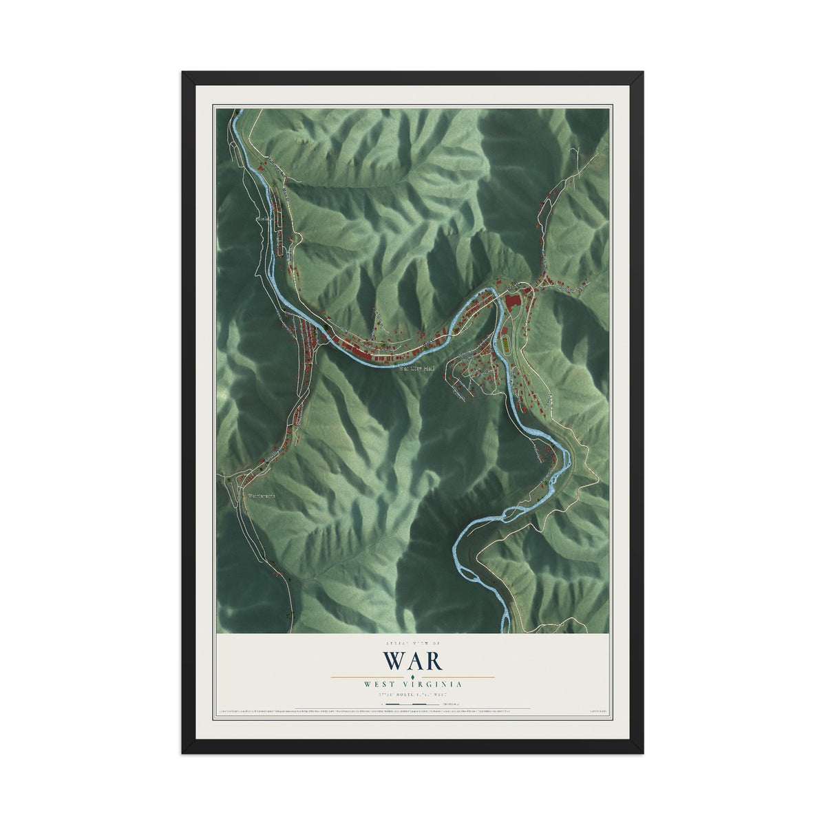 Map of War, West Virginia, 12 x 18 inch print in a black wood frame