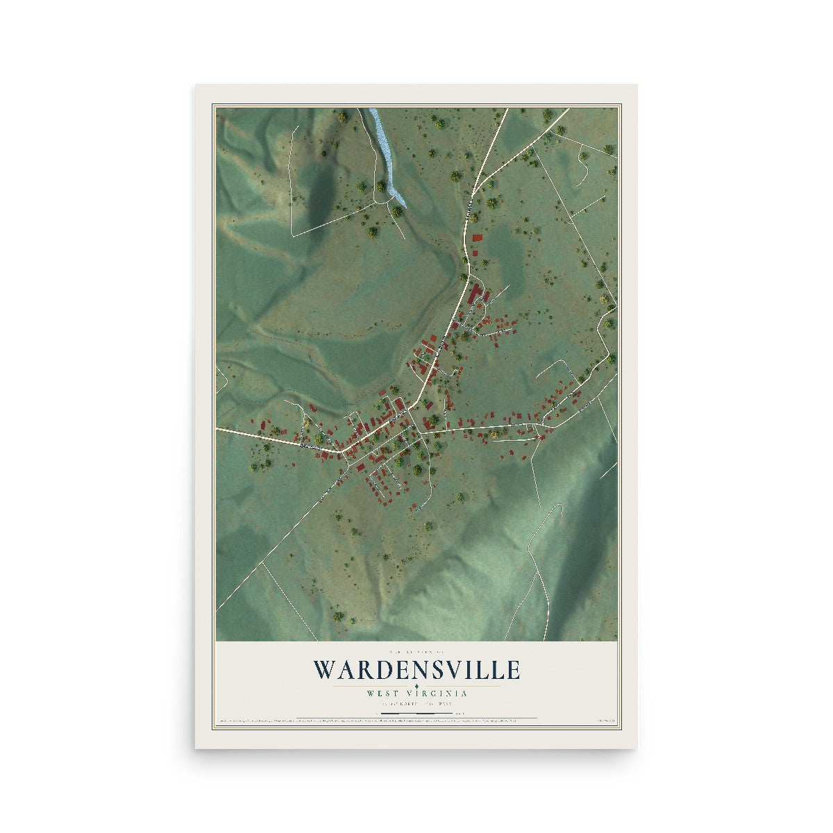 Map of Wardensville, West Virginia, 12 x 18 inch unframed archival matte print