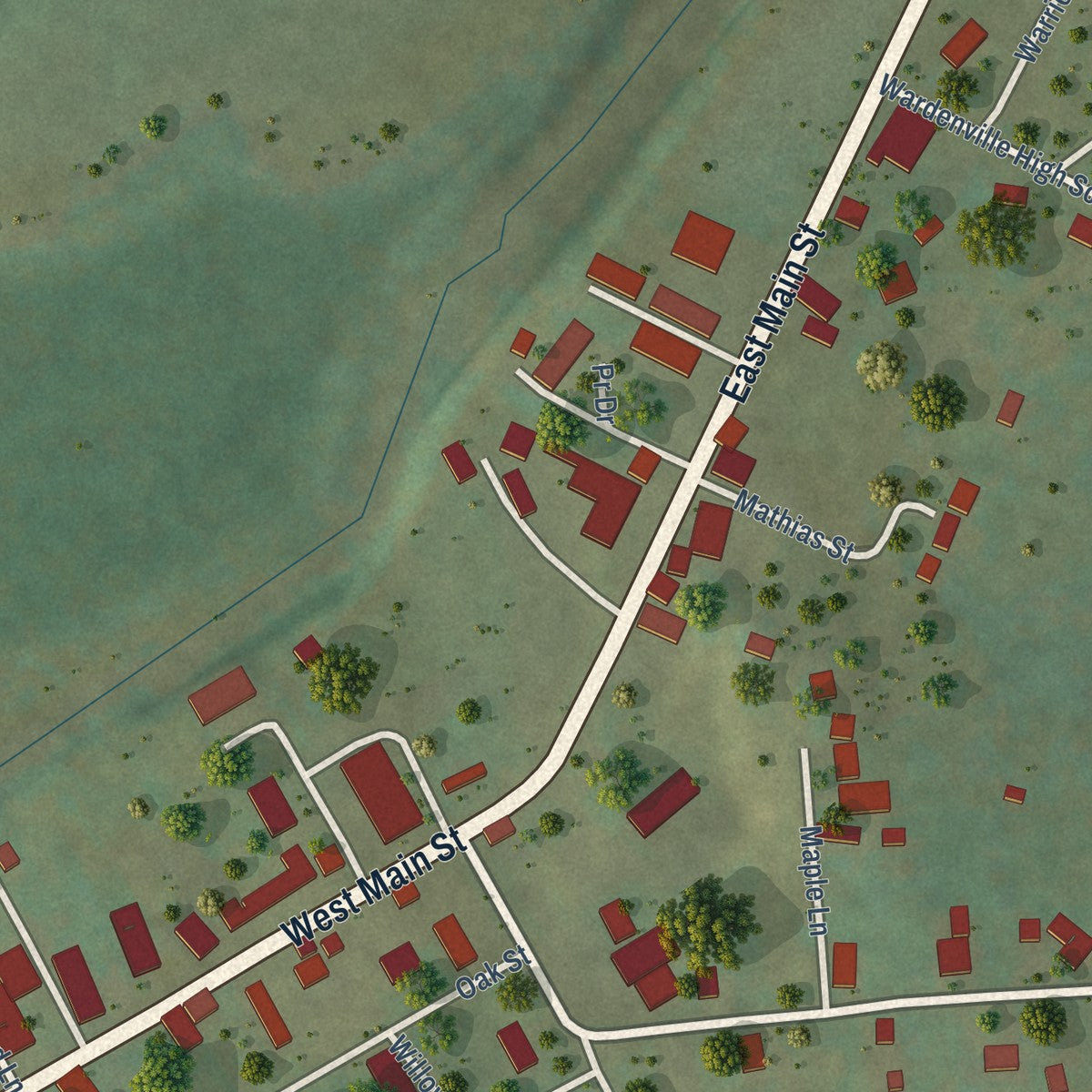 Close-up of the map of Wardensville, West Virginia print showing street and building detail
