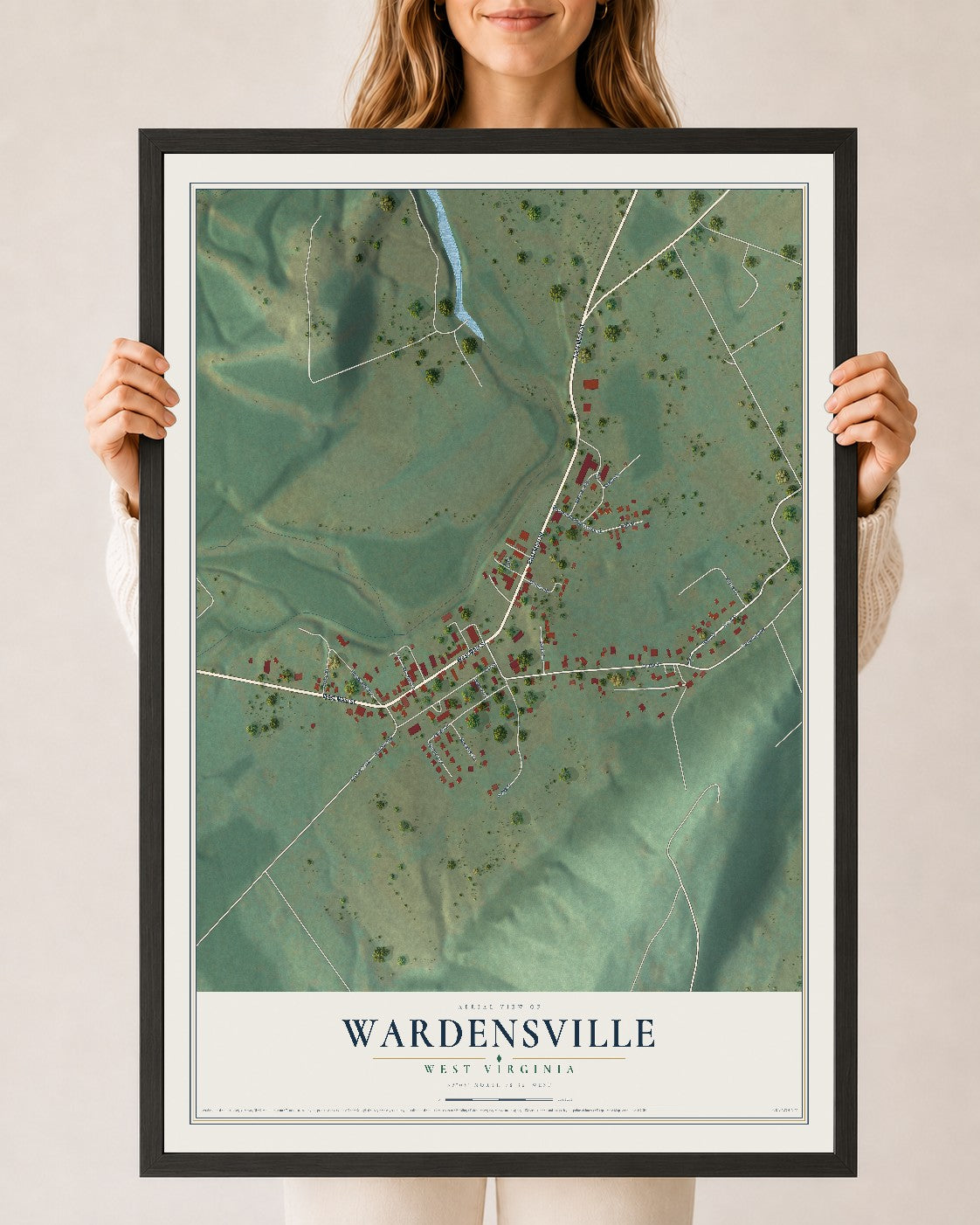Map of Wardensville, West Virginia, 24 x 36 inch print in a black wood frame