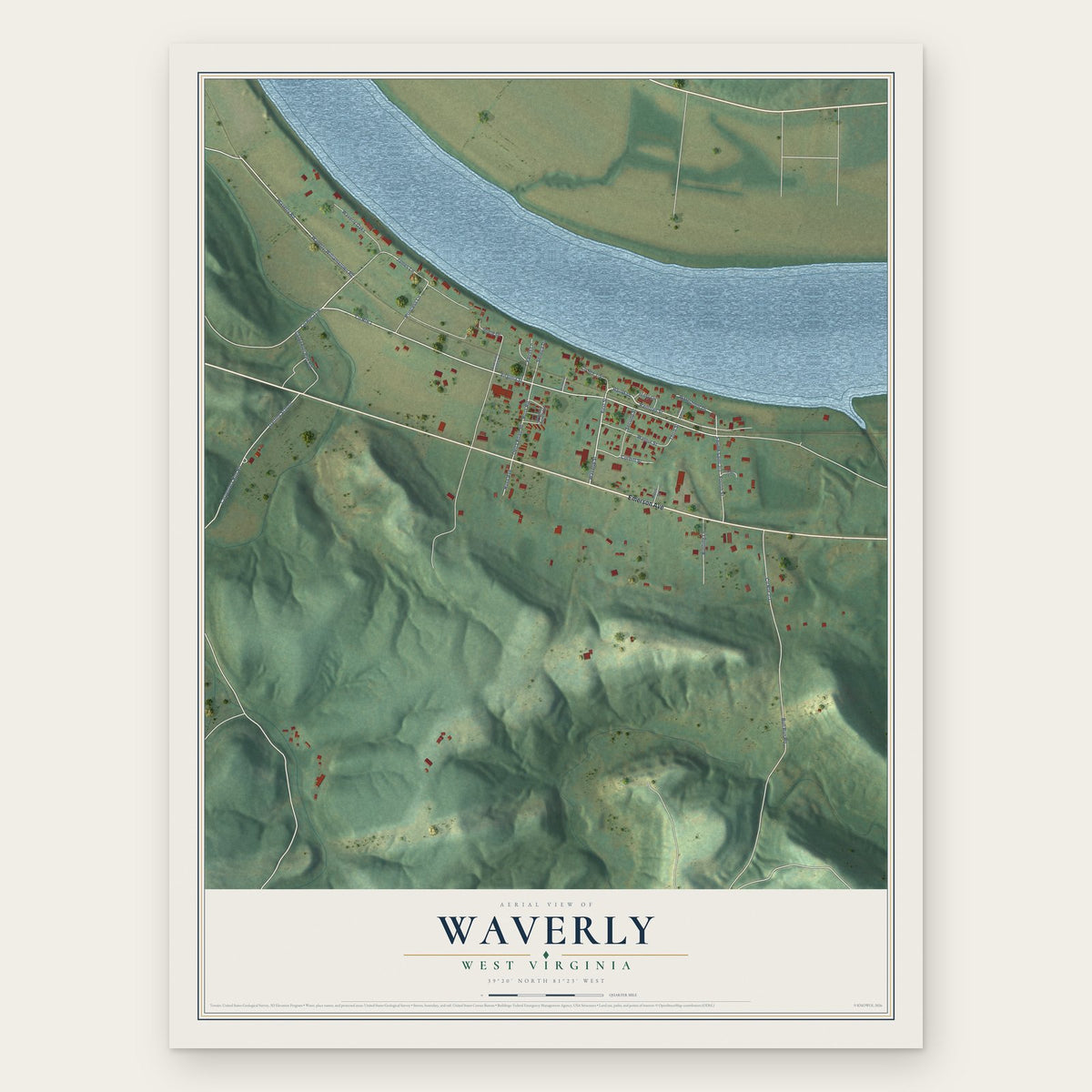 Waverly, West Virginia map print, the full design
