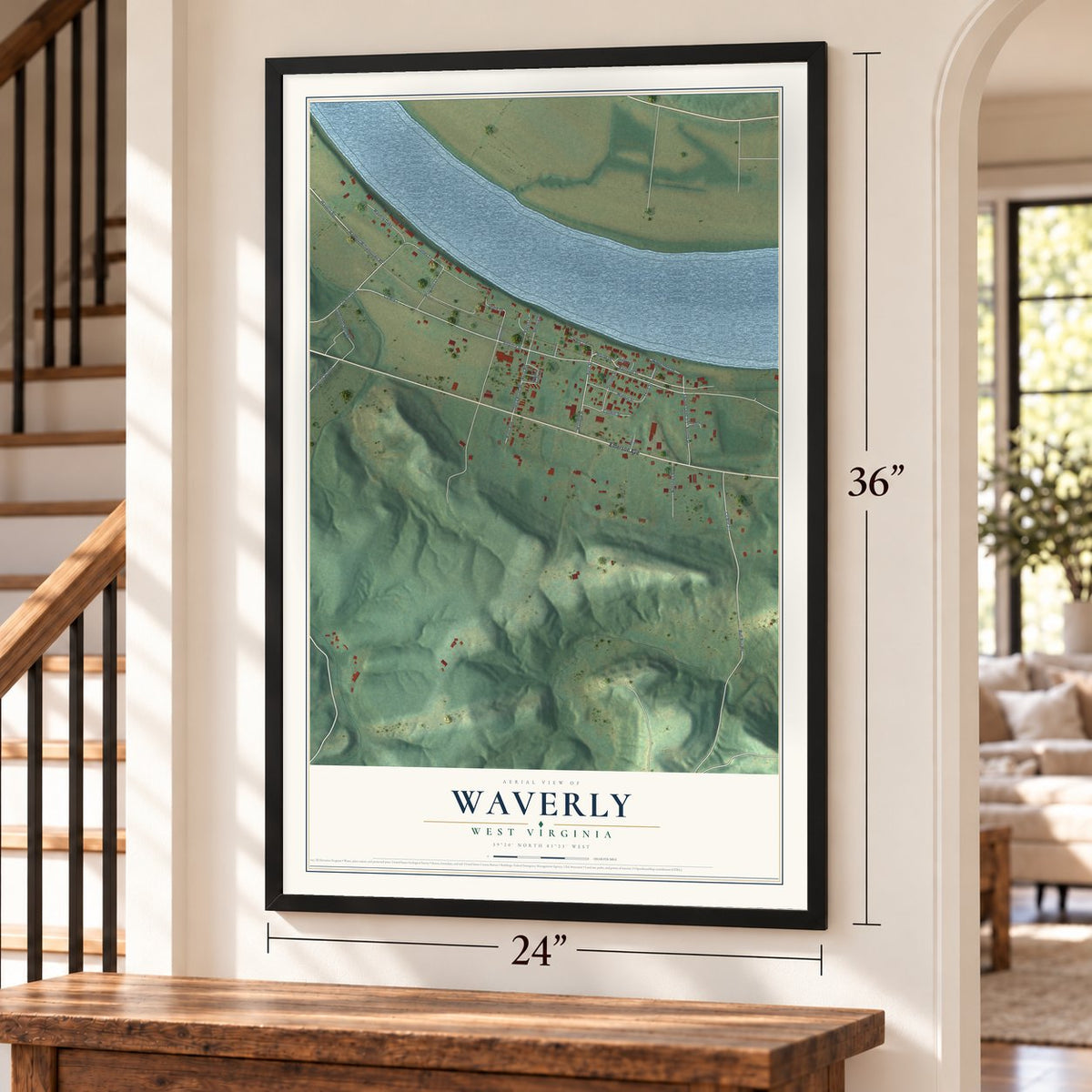 Waverly, West Virginia map, 24 x 36 inch print in a black frame by a staircase