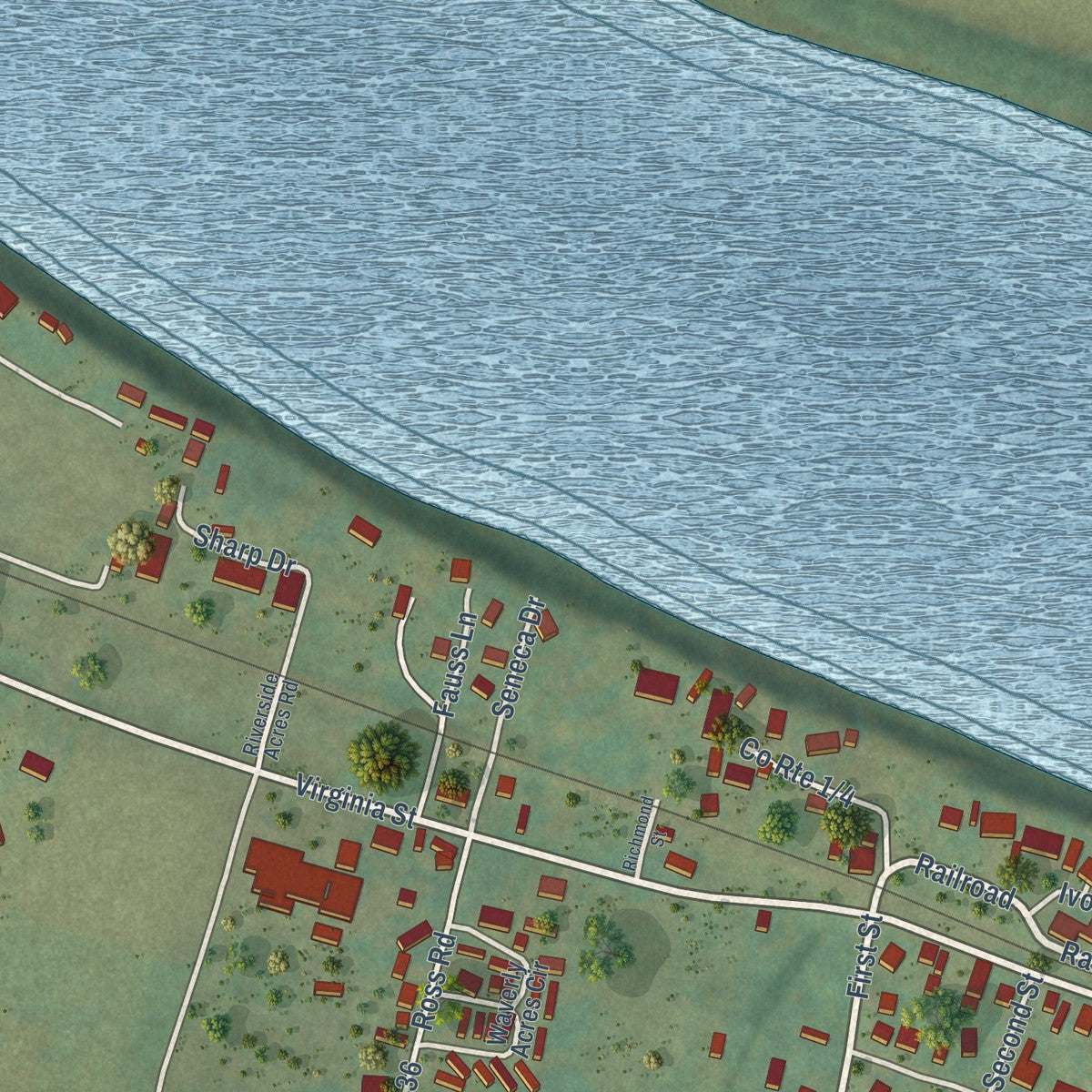 Close-up of the map of Waverly, West Virginia print showing street and building detail