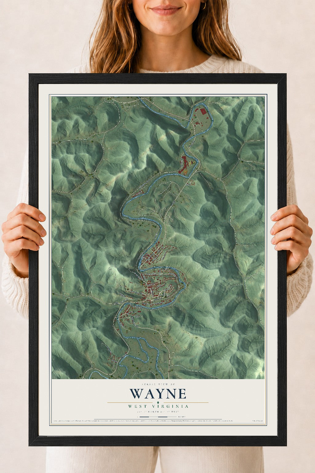 Map of Wayne, West Virginia, 18 x 24 inch print in a black wood frame