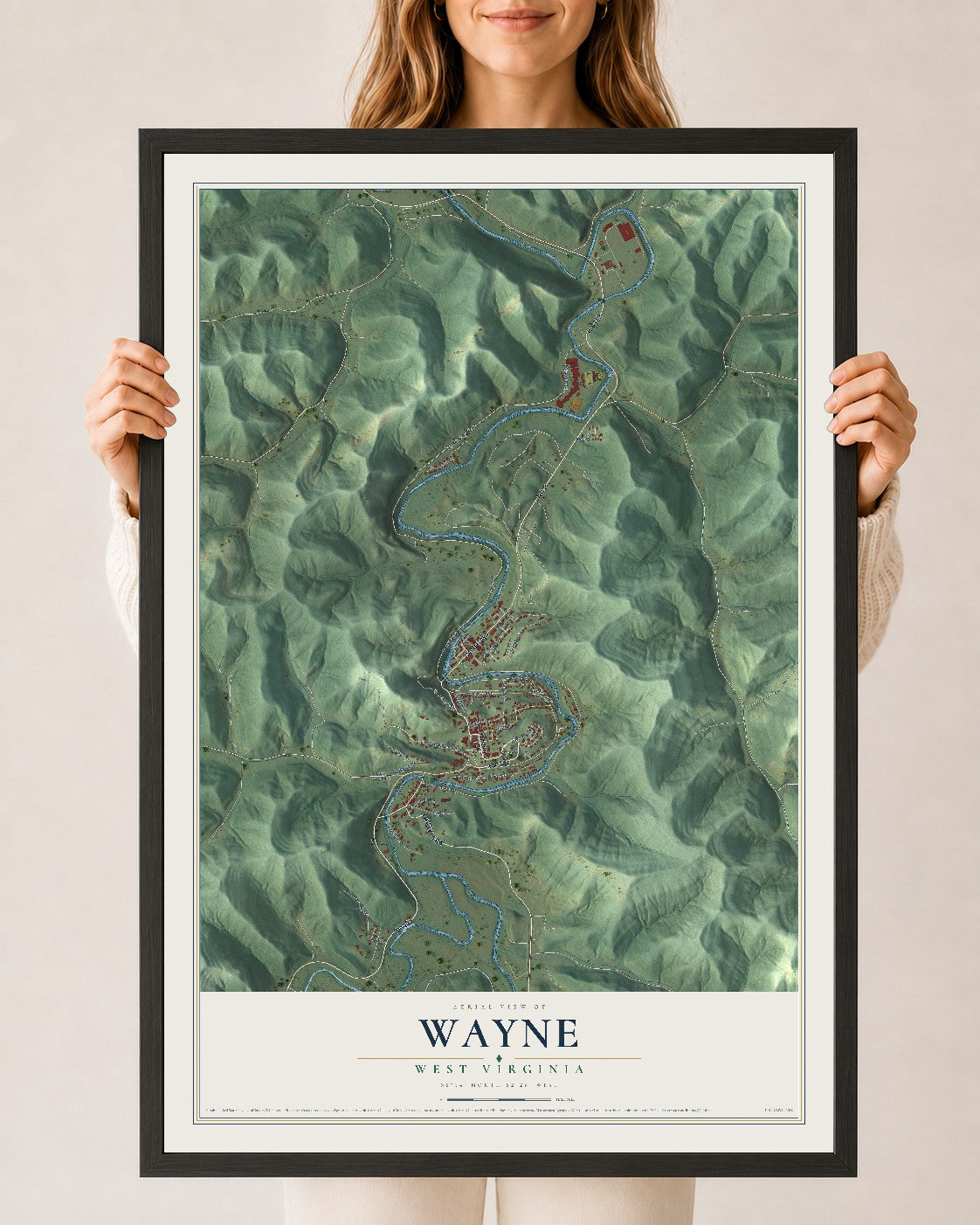 Map of Wayne, West Virginia, 24 x 36 inch print in a black wood frame