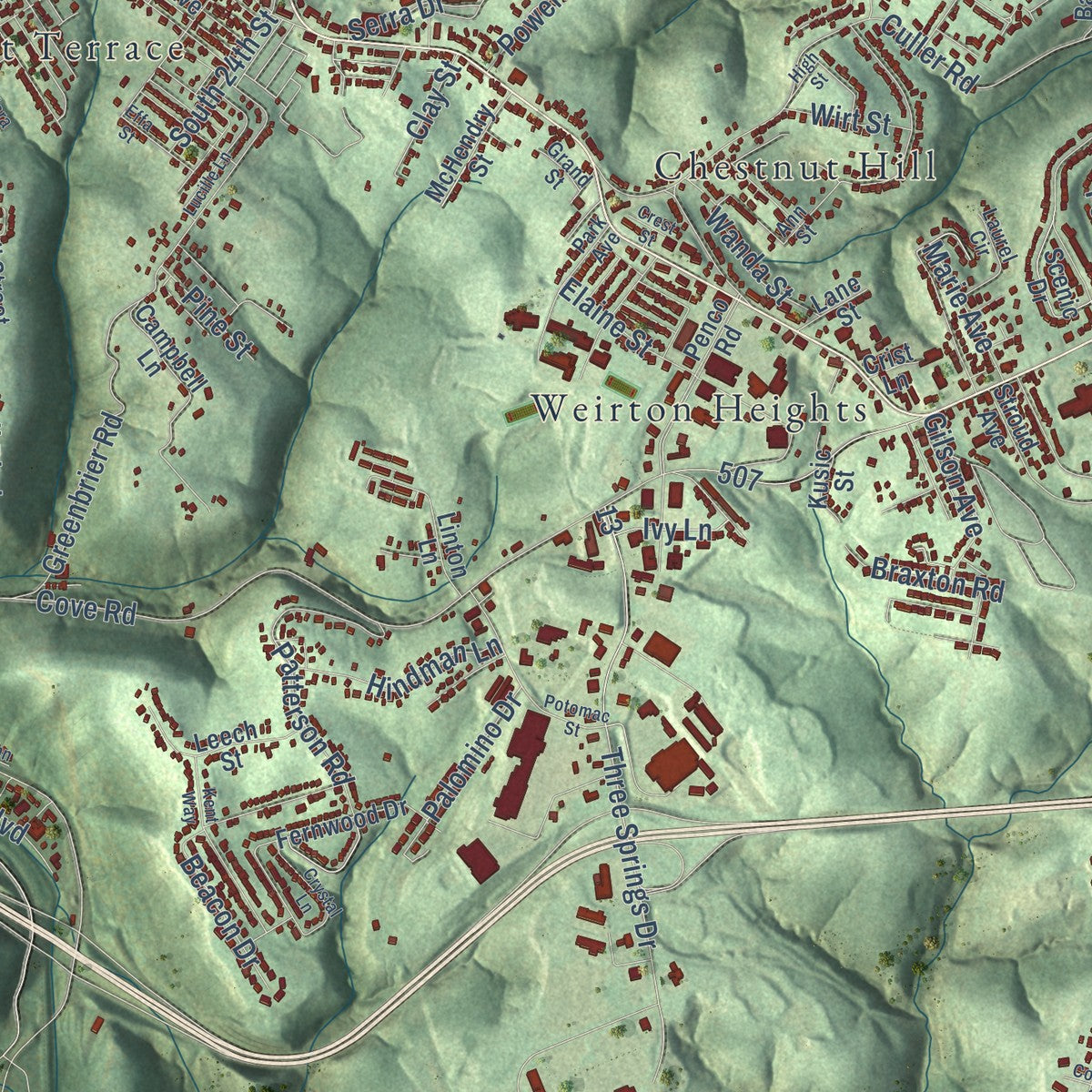 Close-up of the map of Weirton, West Virginia print showing street and building detail