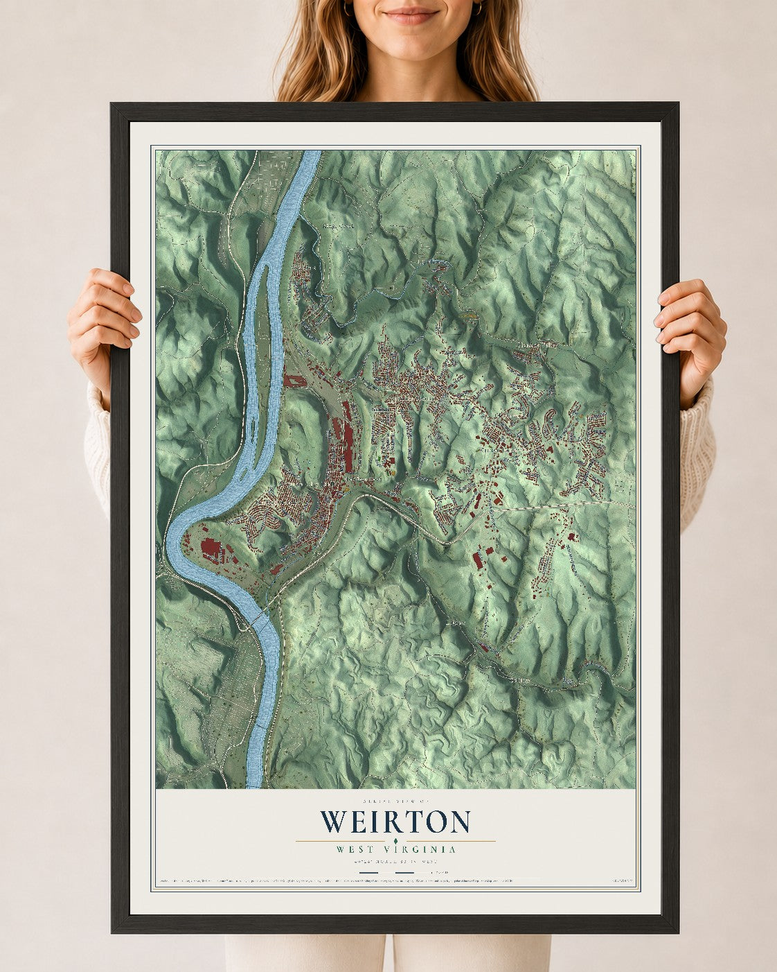Map of Weirton, West Virginia, 24 x 36 inch print in a black wood frame